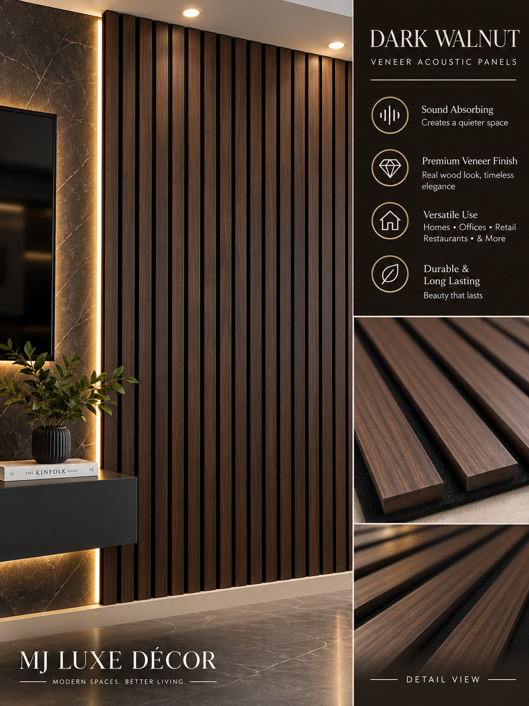 MJ Luxe Décor Dark Walnut Veneer Finish Acoustic Panel — 8 FT, 9 FT and 10 FT