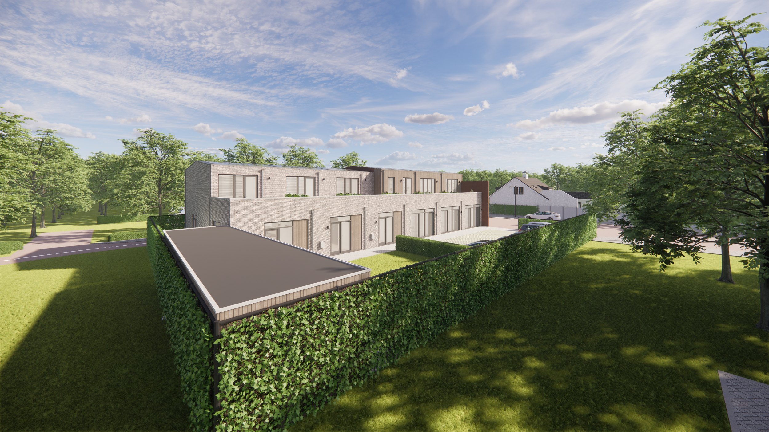 Modern house with wooden exterior, glass doors, outdoor seating area, solar panels, car parked in driveway, and green landscaped surroundings under a partly cloudy sky.