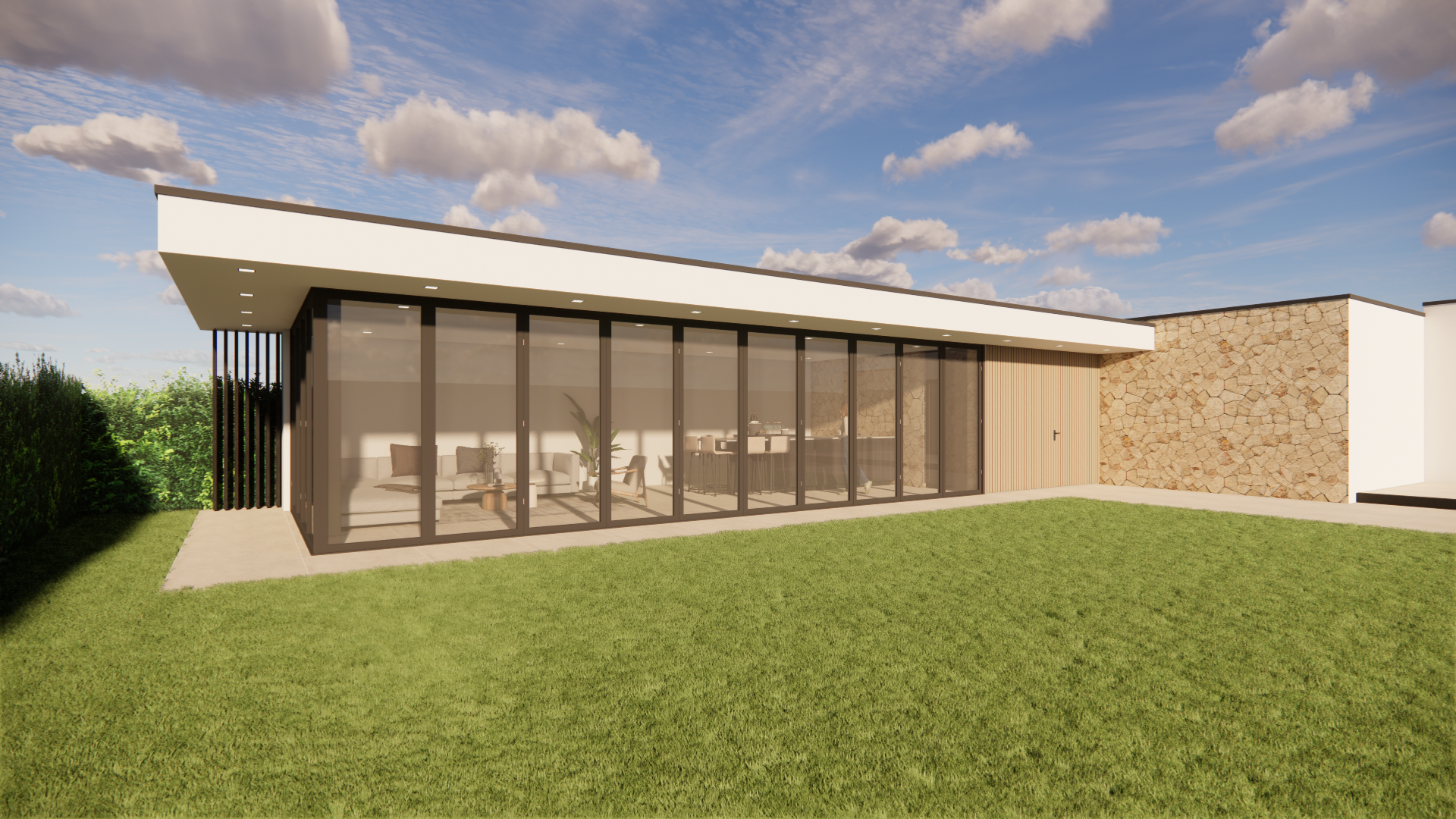 Modern house with large glass sliding doors, a flat roof, and a stone accent wall, surrounded by a green lawn and a partly cloudy sky.