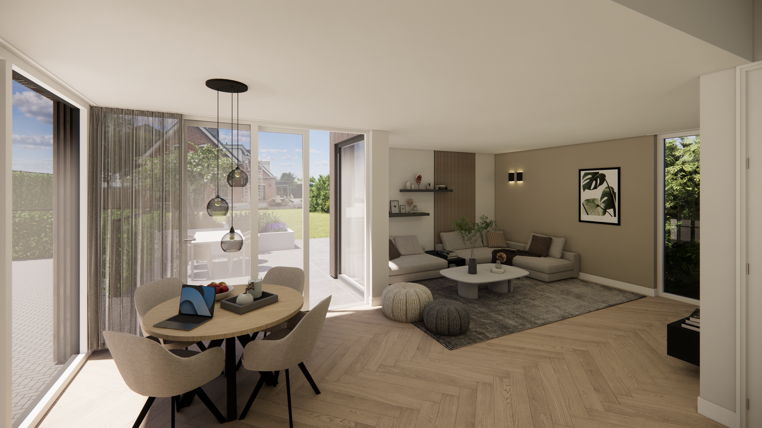 Open-concept living and dining room with large windows, neutral colors, modern furniture, a chandelier, and outdoor patio