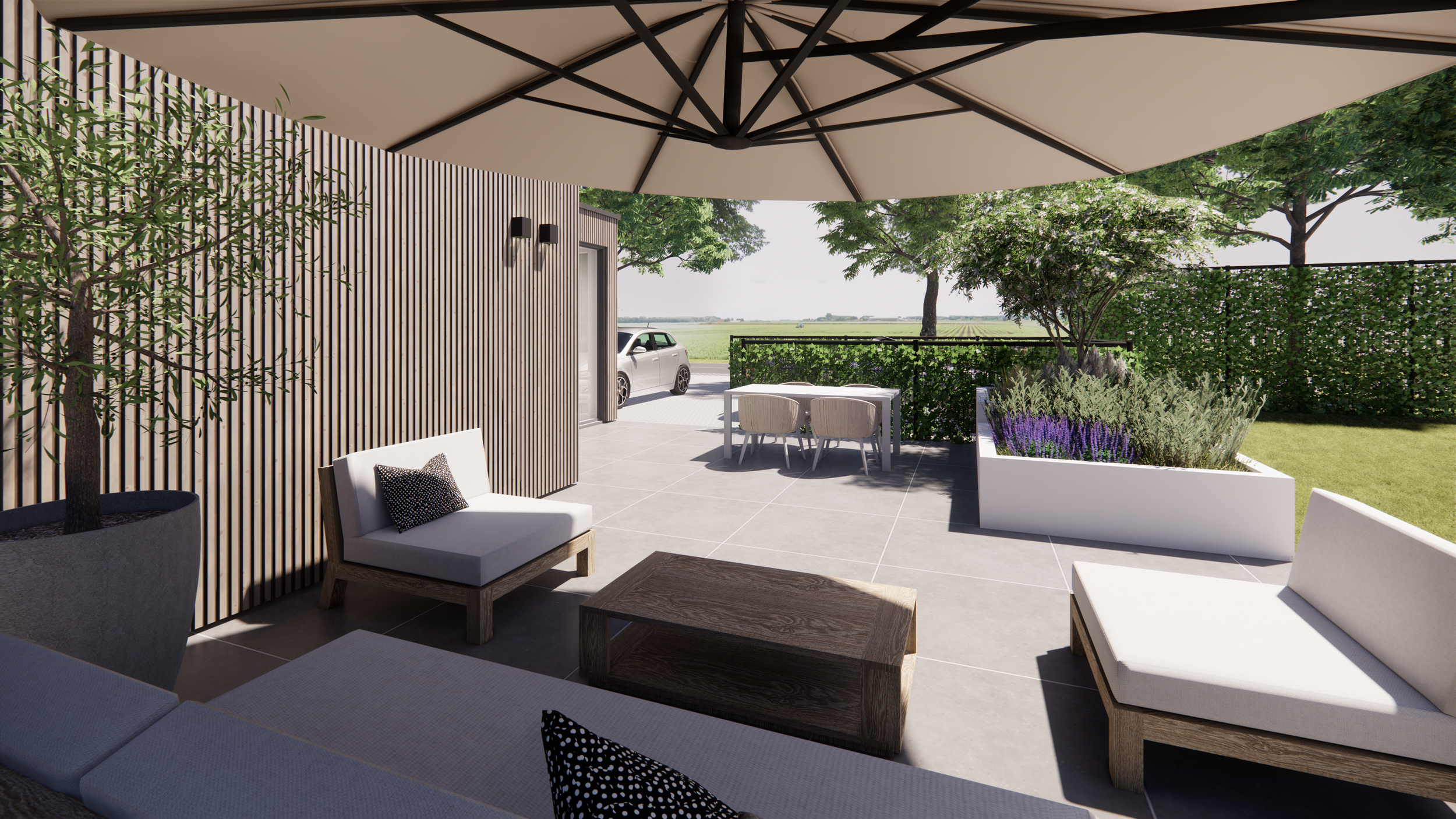 Outdoor patio with modern furniture, large umbrella, wooden slat wall, potted tree, tile floor, garden with flowers and trees, parked car in the background.