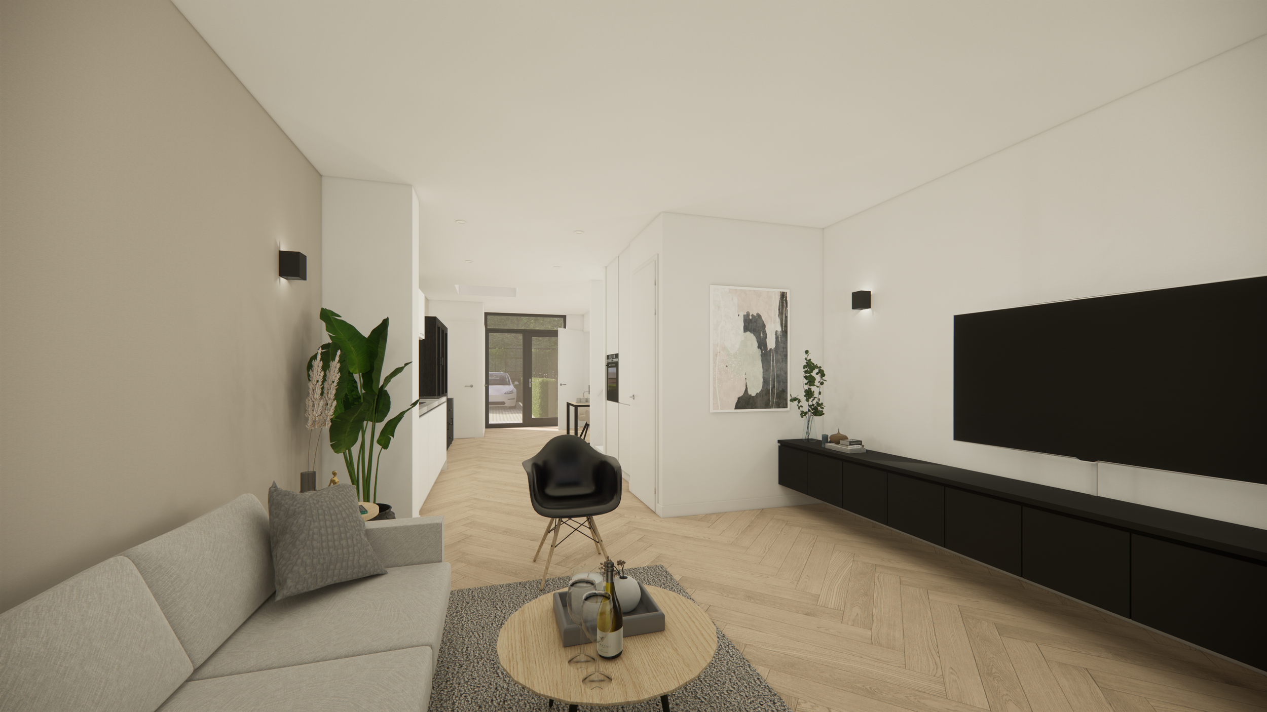 Open-concept living and dining room with large windows, neutral colors, modern furniture, a chandelier, and outdoor patio