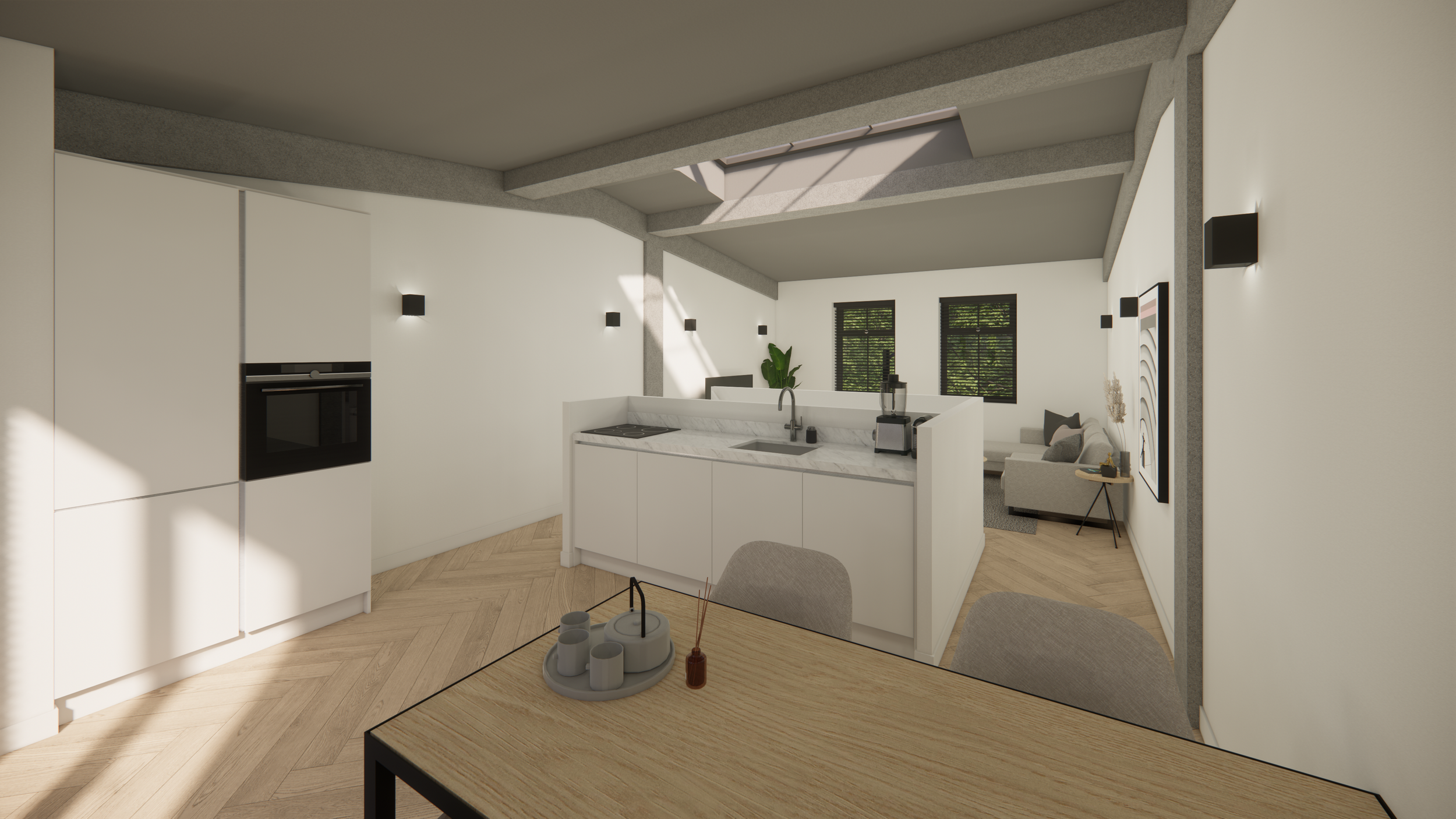 Modern kitchen with black cabinets, marble countertop, and large window with curtains, overlooking a field.