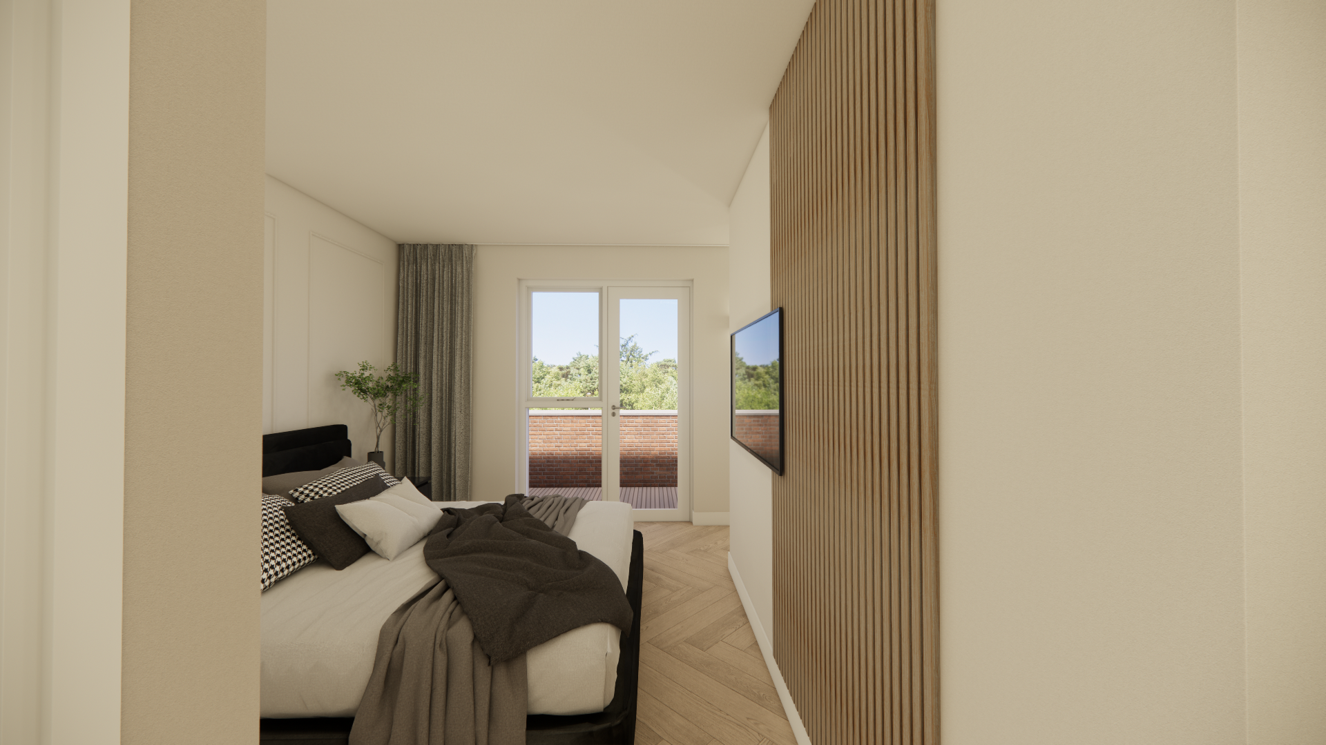 Modern house with large glass windows, a gray roof, and a combination of dark brick and wooden exterior panels, set in a green yard with trees background and a blue sky with scattered clouds.