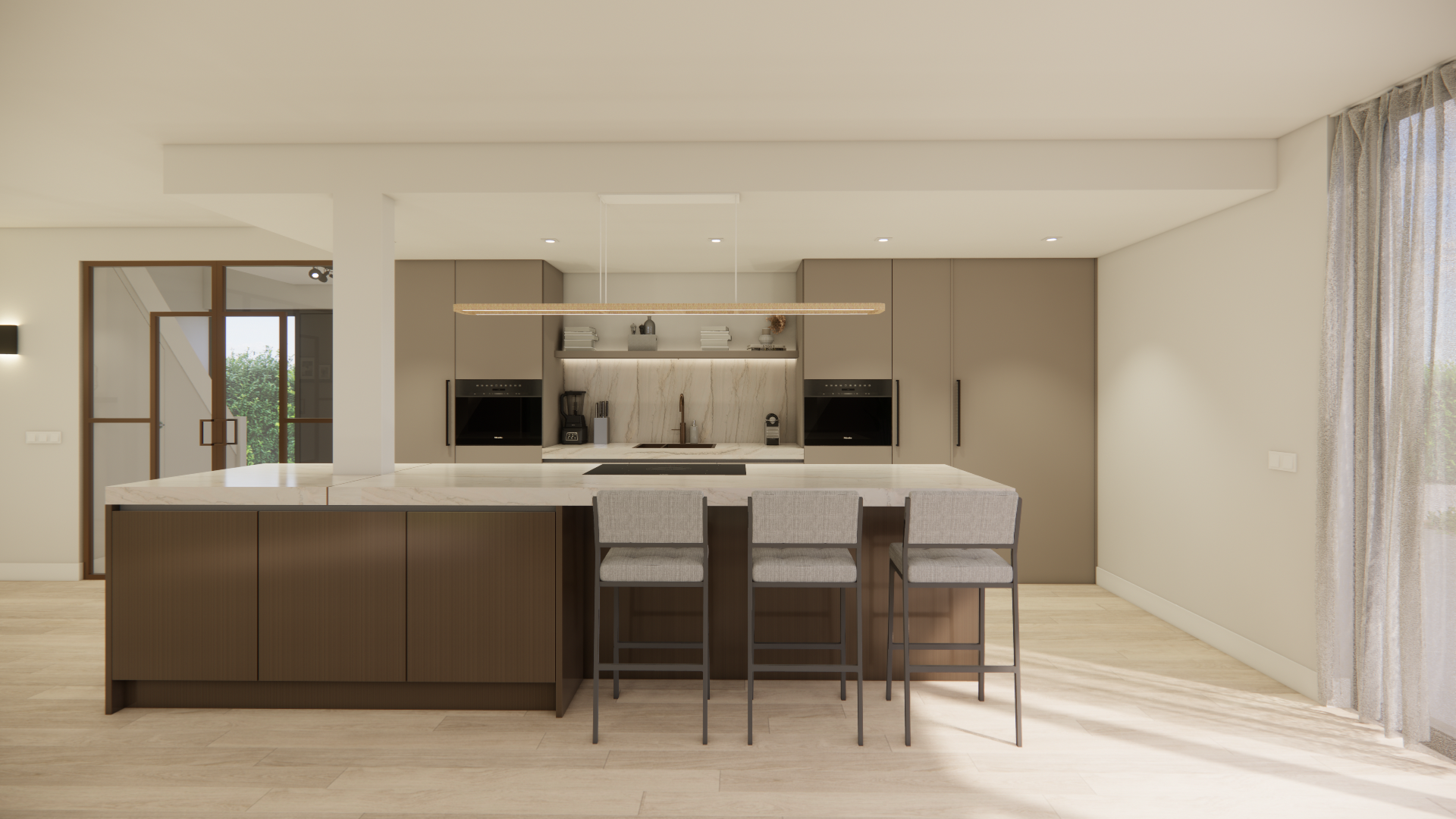 Modern kitchen with beige cabinets, a marble backsplash, and a white countertop island with three upholstered bar stools.