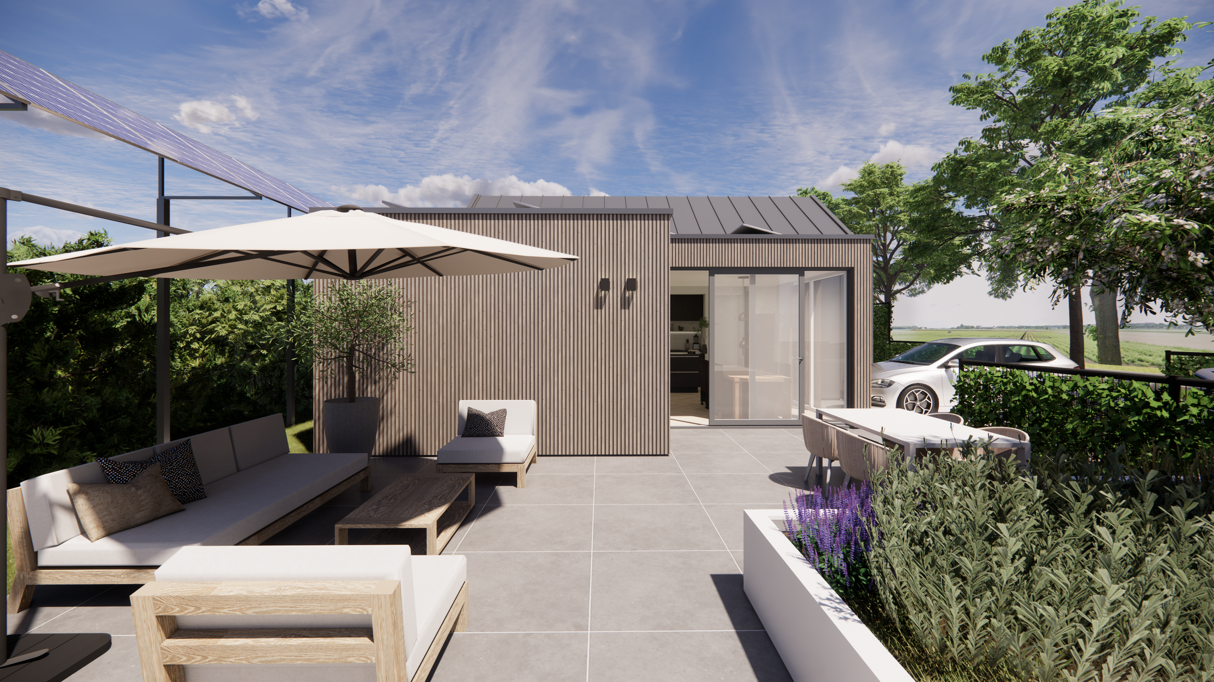Modern outdoor patio with seating area, table, umbrella, potted plants, and a car parked nearby with trees and blue sky in the background.