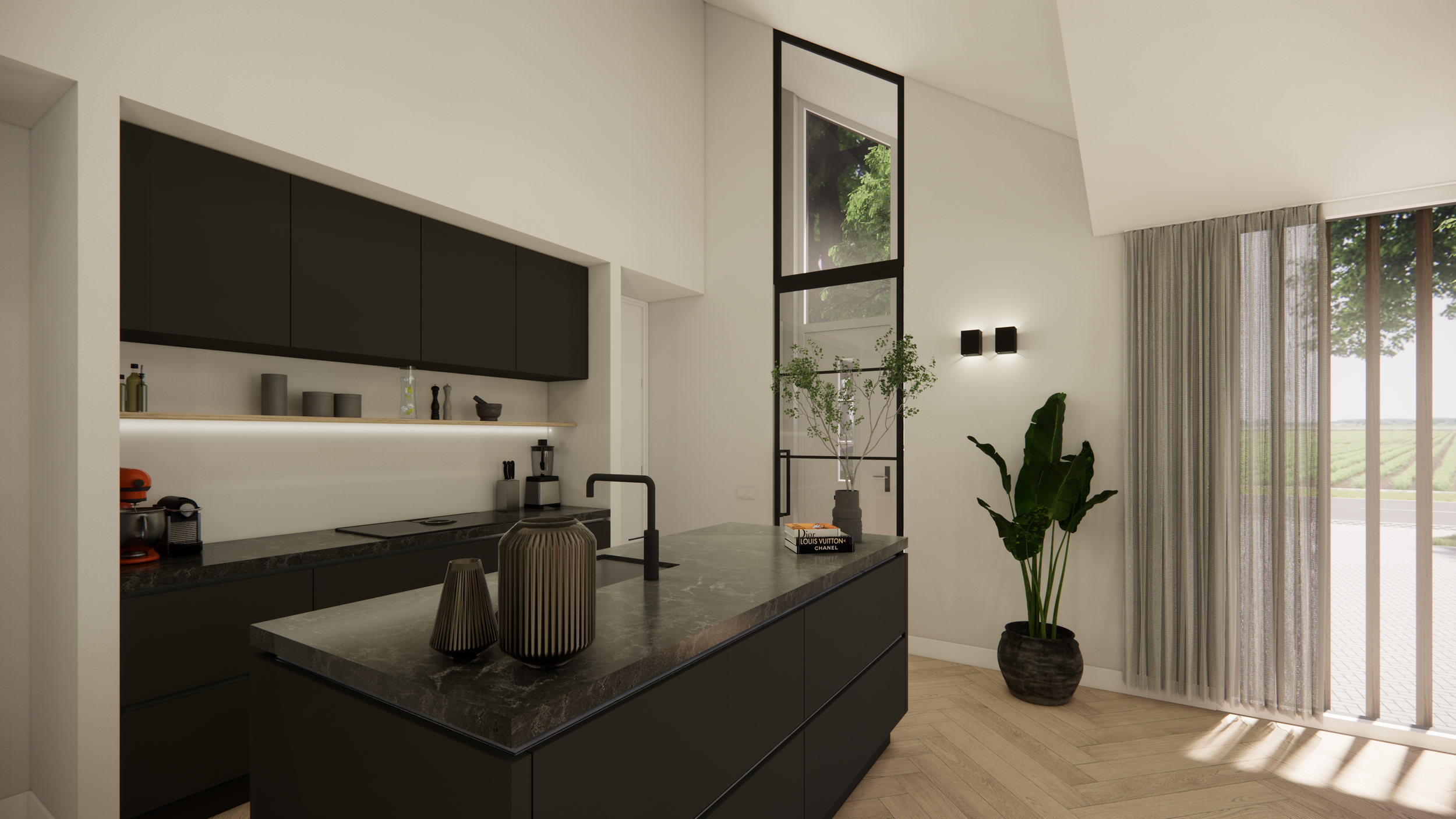 Modern kitchen with black cabinets, marble countertop, and large window with curtains, overlooking a field.