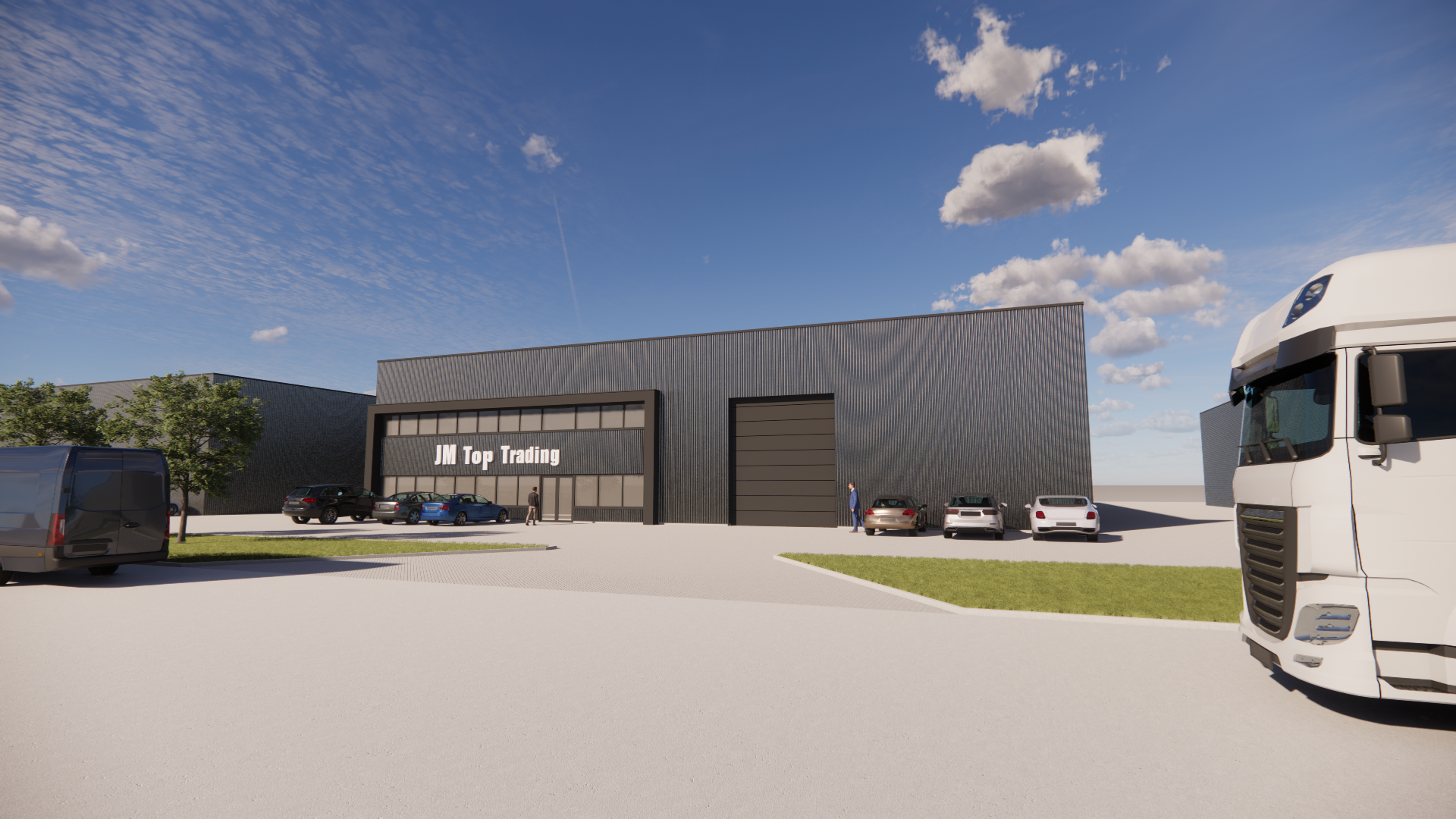 Rendering of a modern industrial building with the sign 'JM Top Trading,' parked cars outside, and a large truck on the right, under a partly cloudy sky.