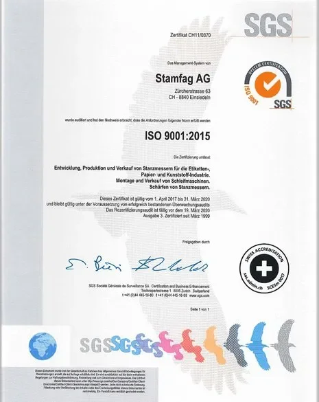 ISO 9001:2015 certification document from SGS awarded to Stammfag AG, located in Einsiedeln, Switzerland, for development, production, and sale of stamp presses for various industries, valid from April 1, 2017, to March 31, 2020.