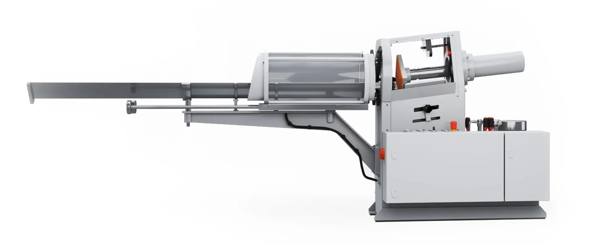 Industrial machine with a long horizontal metal arm, enclosed components, control panel, and a white cabinet base.