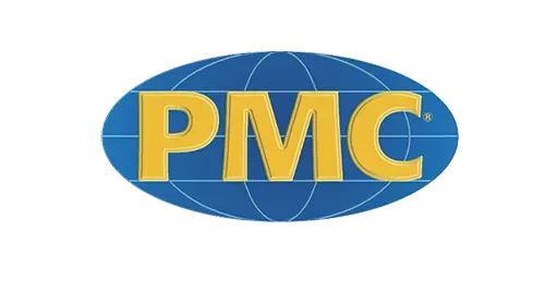 PMC logo with yellow letters inside a blue globe shape.