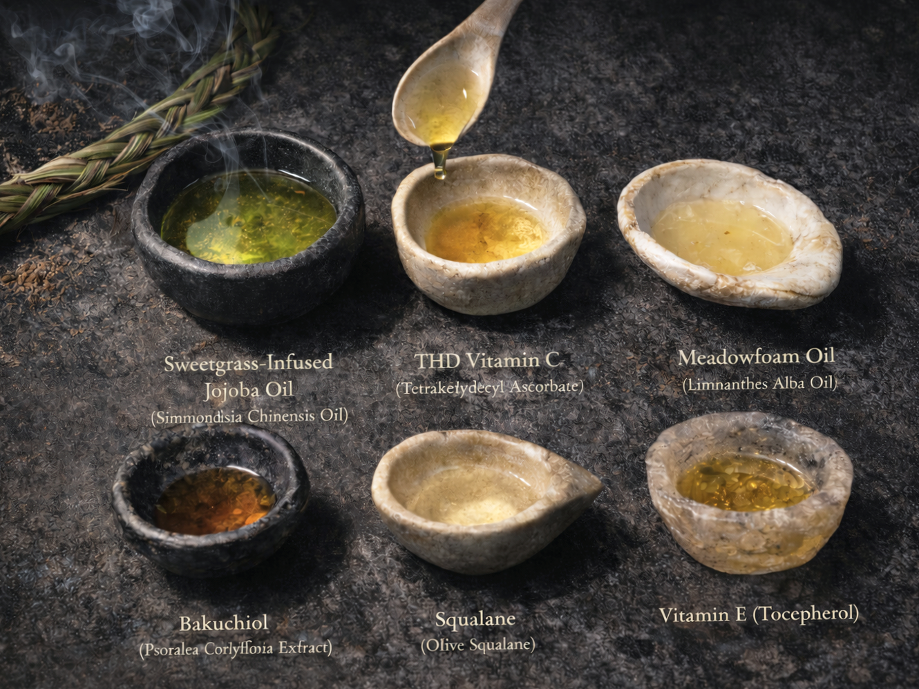 The six ingredients of Sweetgrass Nº 1 in stone bowls