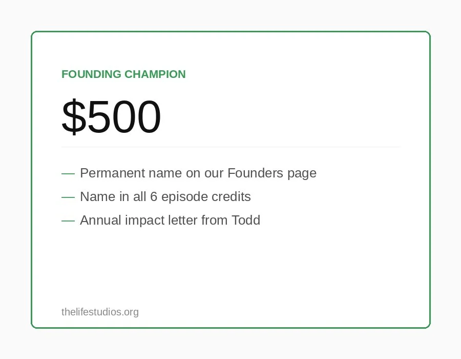 A donation certificate for $500 from The Life Studios, recognizing a founding champion with permanent honors on the founders page, episode credits, and an annual impact letter from Todd.