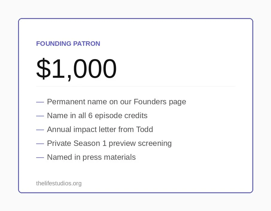 A donation card for the TV show 'The Life Studios,' with a founding patron donation of $1,000, listing perks such as a permanent name on the founders page, credits in episodes, an annual letter from Todd, a private season 1 preview, and being named in press materials.