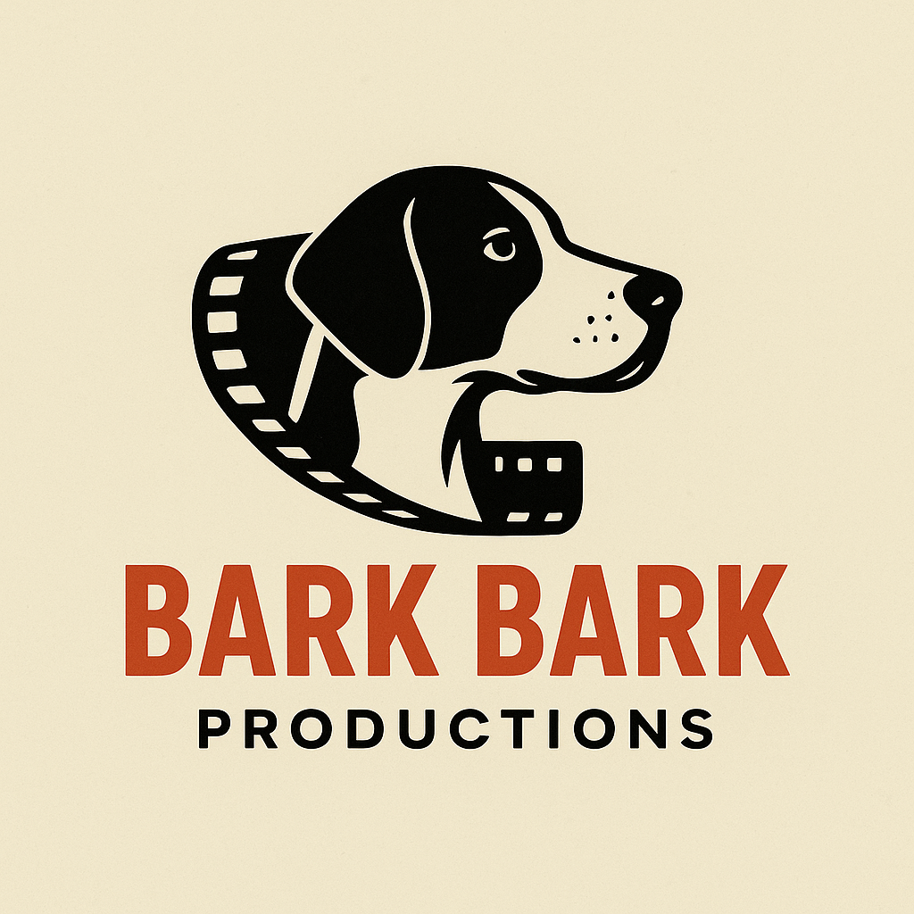 this image is the Bark Bark Productions logo. It has a Tan back ground with bold black and orange lettering. It showcases the brand mascot which is a  Pointer dog, specifically its face is shown with a roll of film behind it.