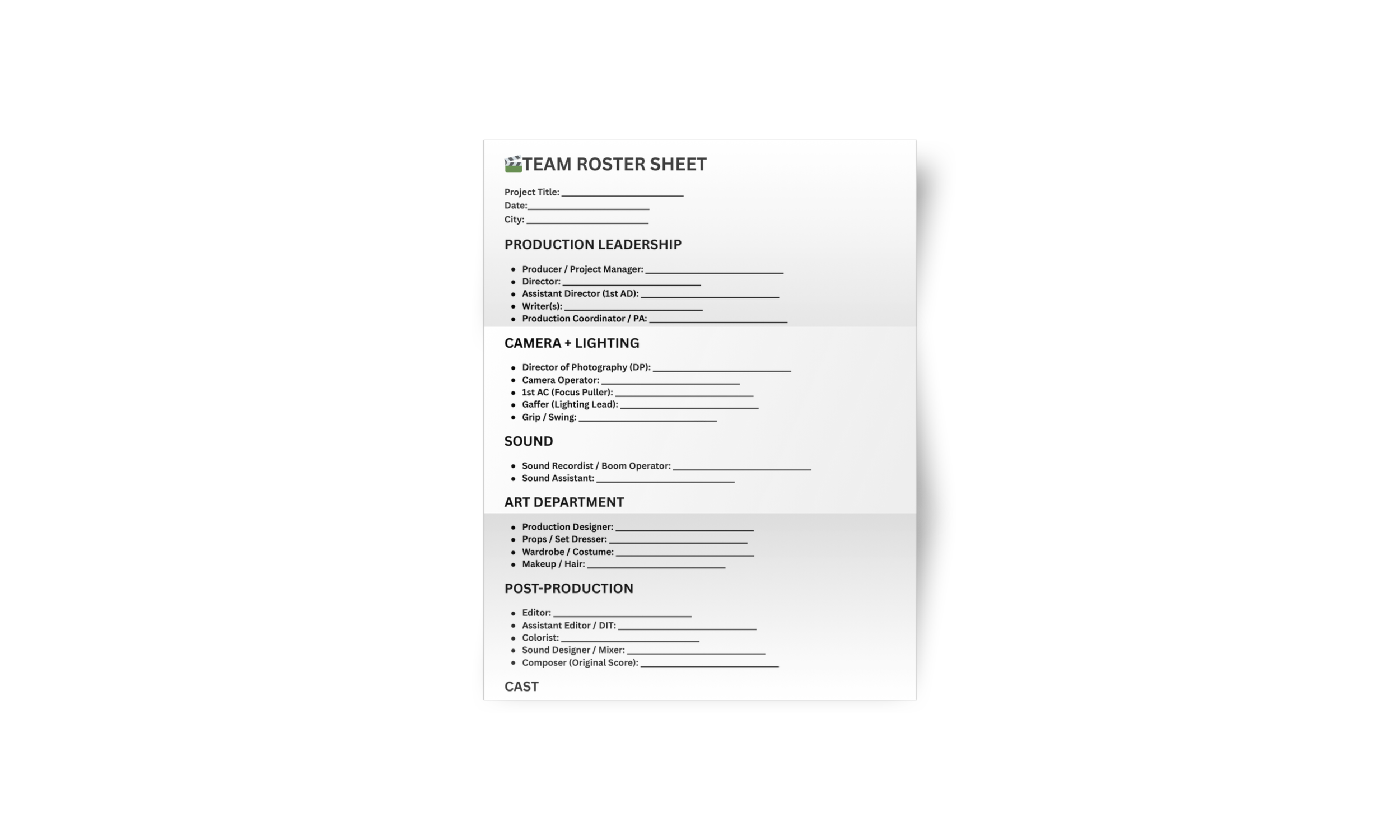 Film Production Team Roster Template