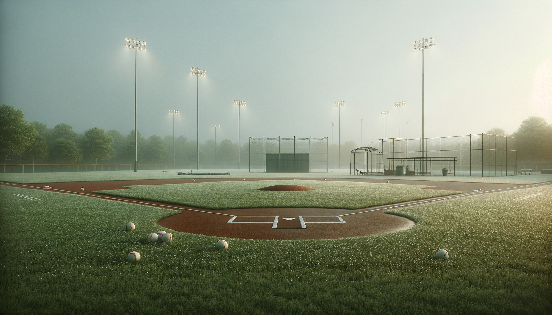 Empty baseball field at sunrise or sunset with grass, pitcher's mound, and scattered baseballs on the field.