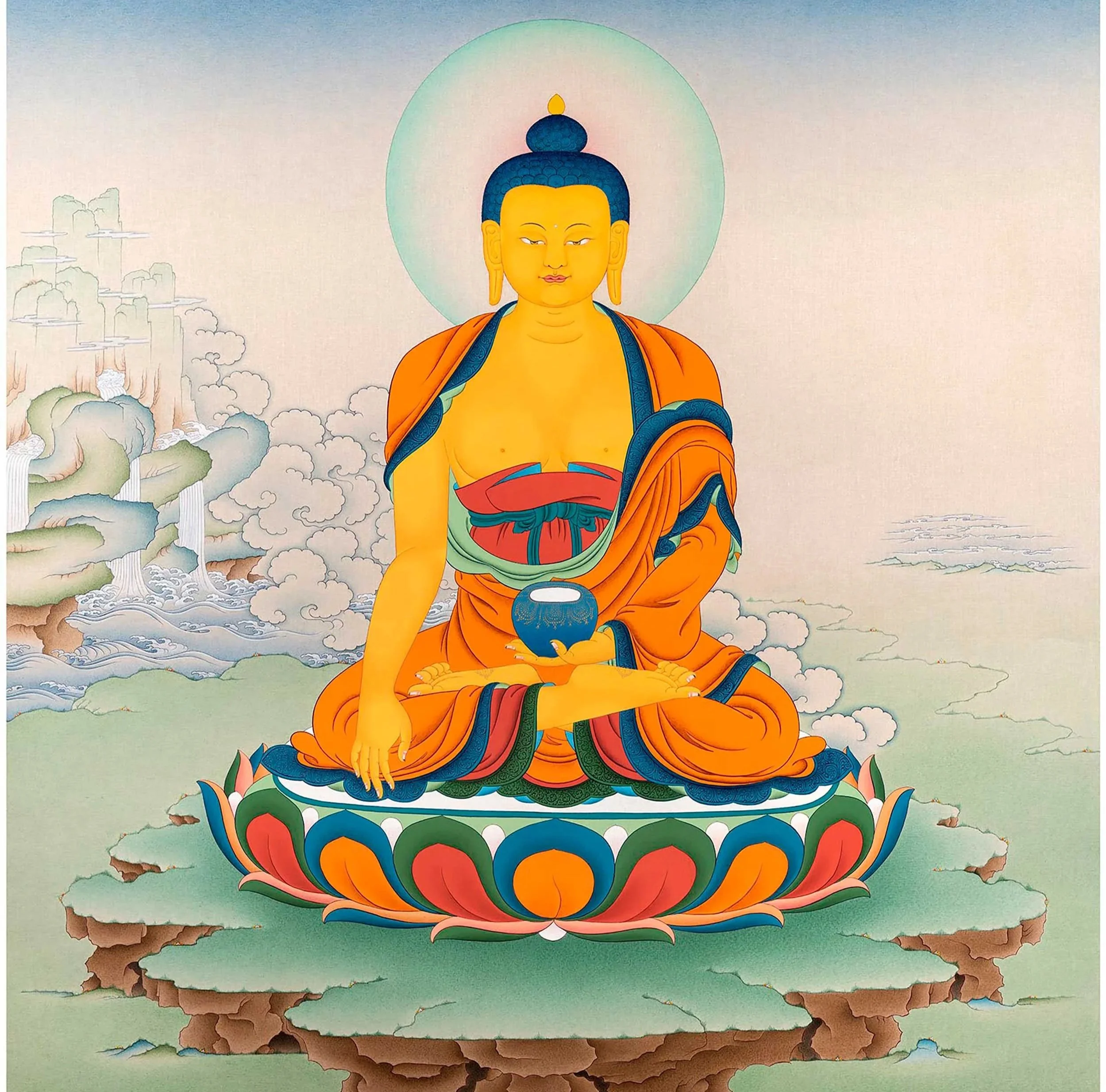 A traditional Tibetan Thangka painting of a seated Buddha on a lotus flower, with a serene expression, a halo behind his head, and a backdrop of mountains and clouds.