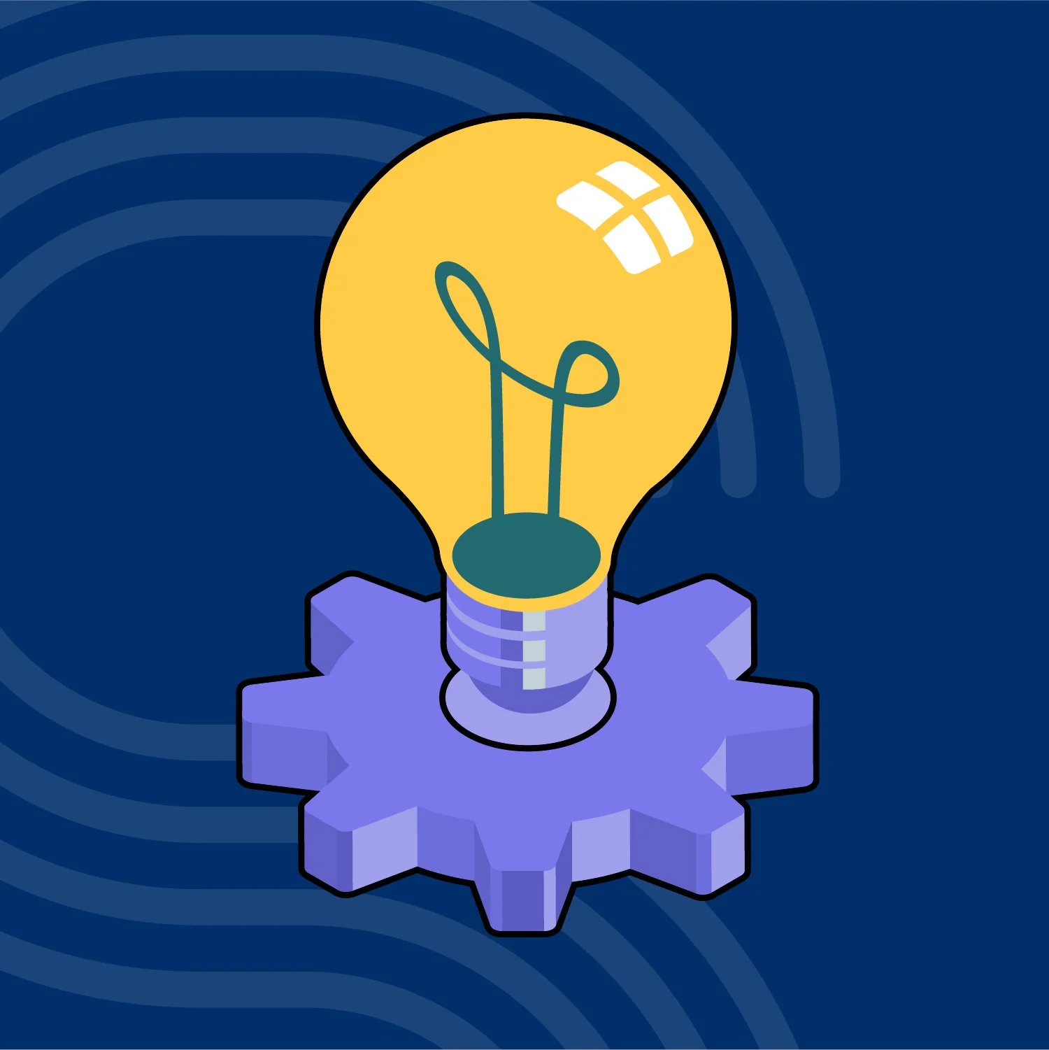A digital illustration of a yellow light bulb with a blue gear base, set against a dark blue background with concentric circles.
