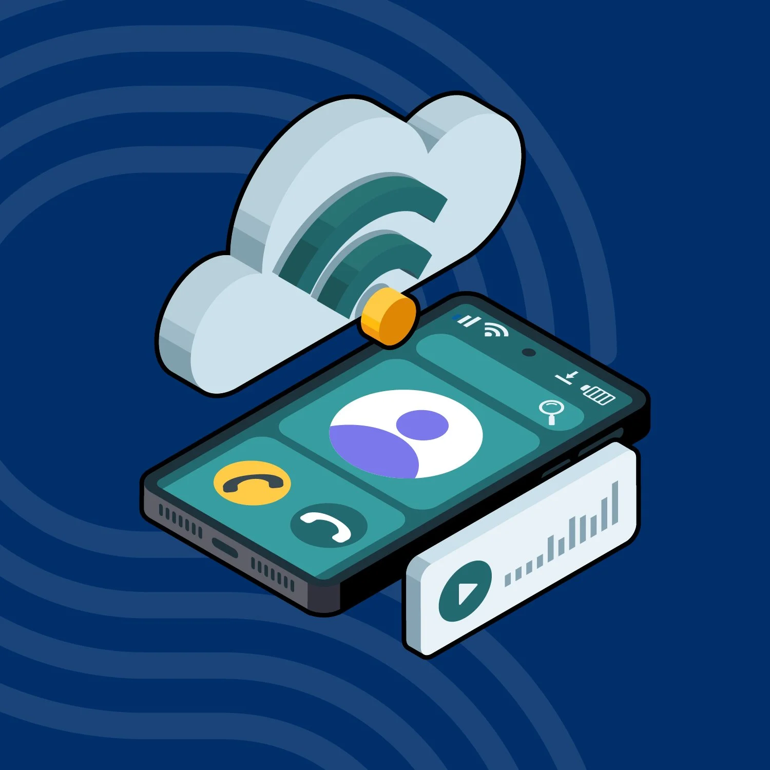 Illustration of a smartphone with call screen, surrounded by a cloud with dollar bills, symbolizing mobile financial transactions and cloud-based payments.