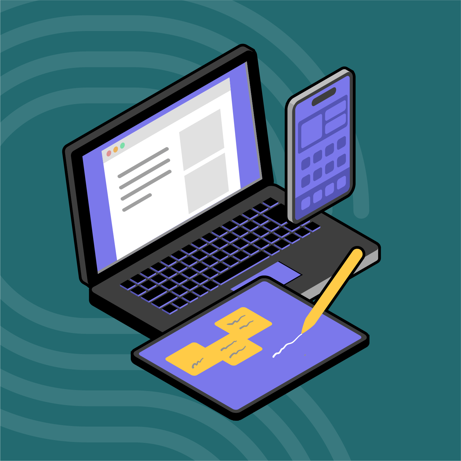 Illustration of a laptop, smartphone, and tablet with a stylus on a blue background, representing digital communication and mobile devices.