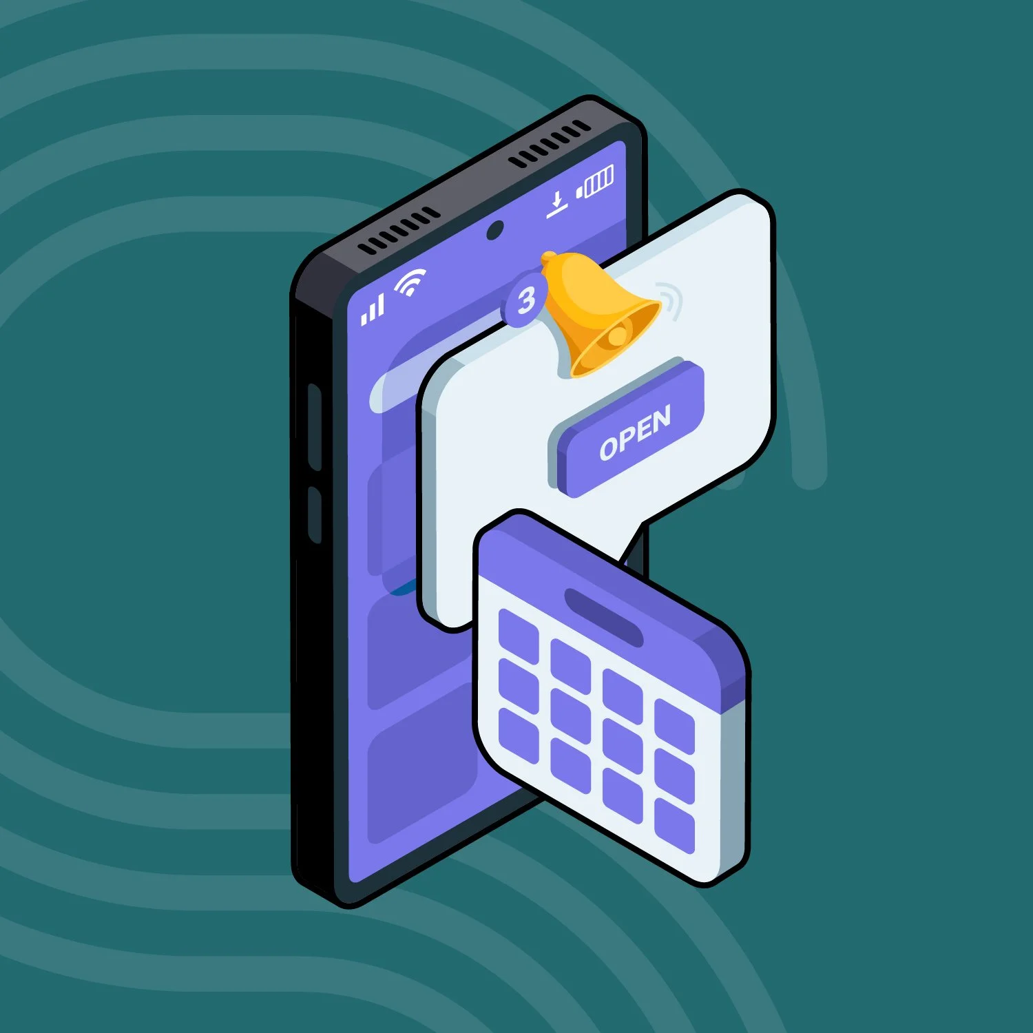 Digital illustration of a smartphone with notifications, a calendar app, an 'Open' button, and a ringing bell icon, symbolizing mobile alerts and apps.