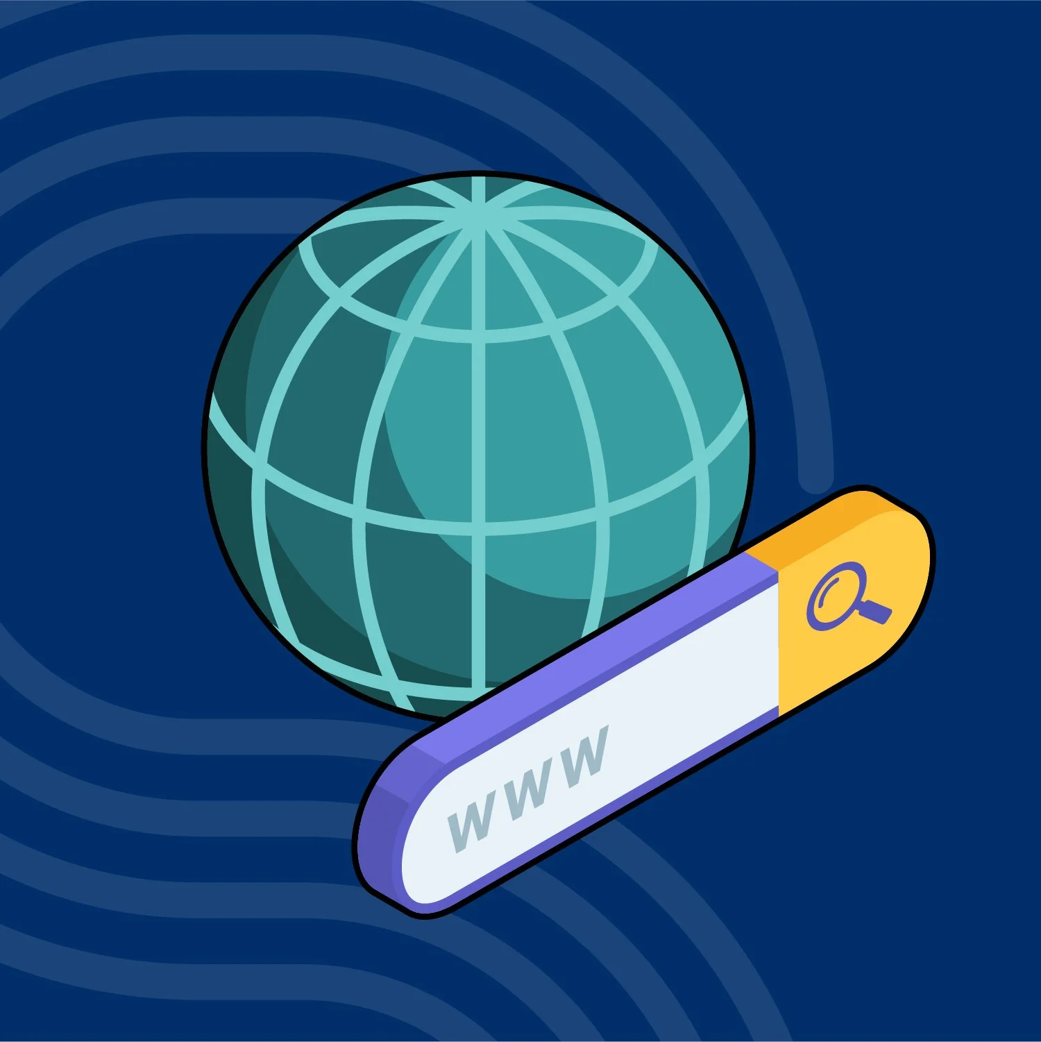 Digital illustration of a globe with a web browser search bar labeled 'WWW' in front of it, indicating internet or world wide web access.