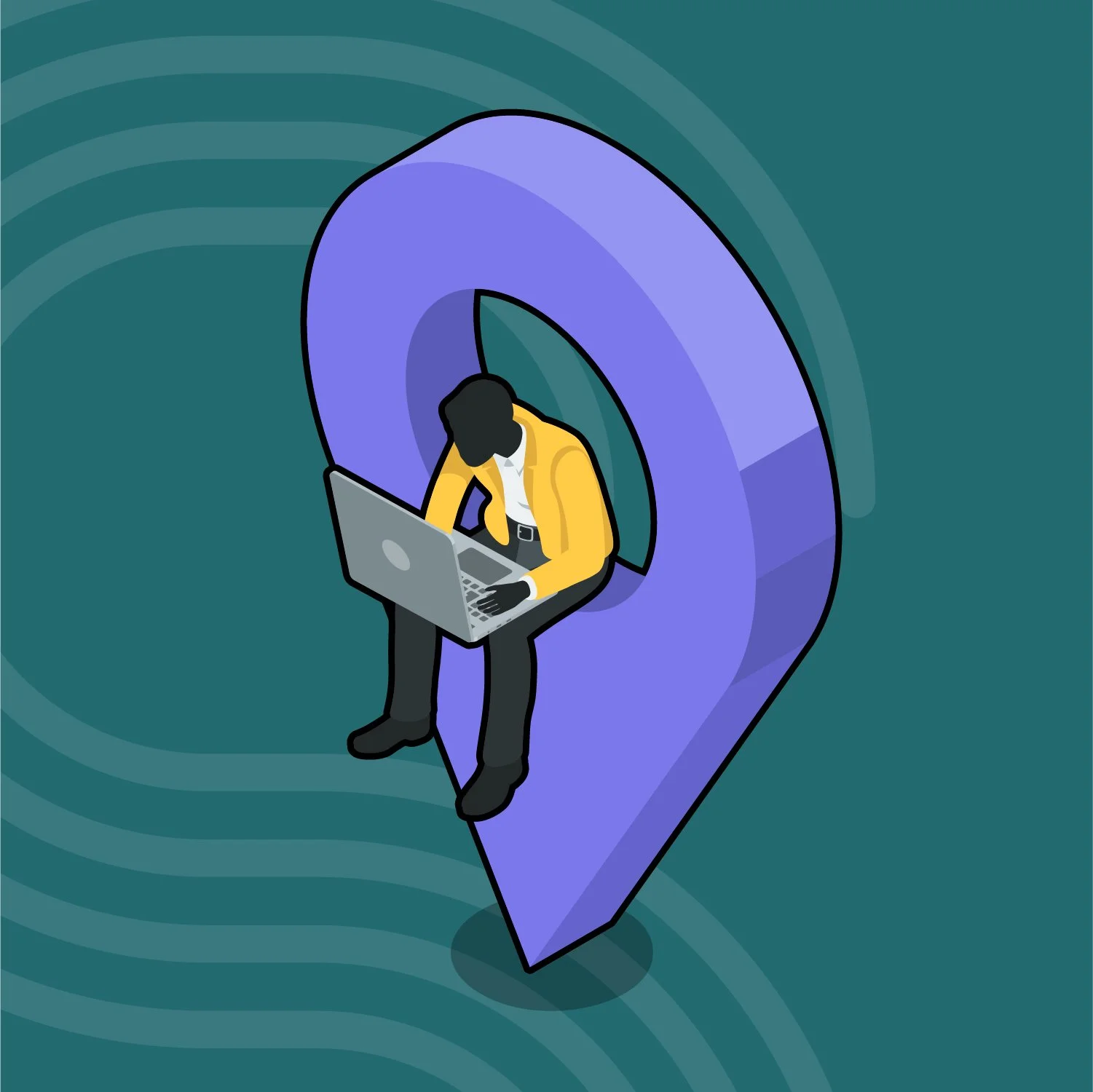 A person sitting on a large blue map marker pin with a laptop, representing navigation or location services.