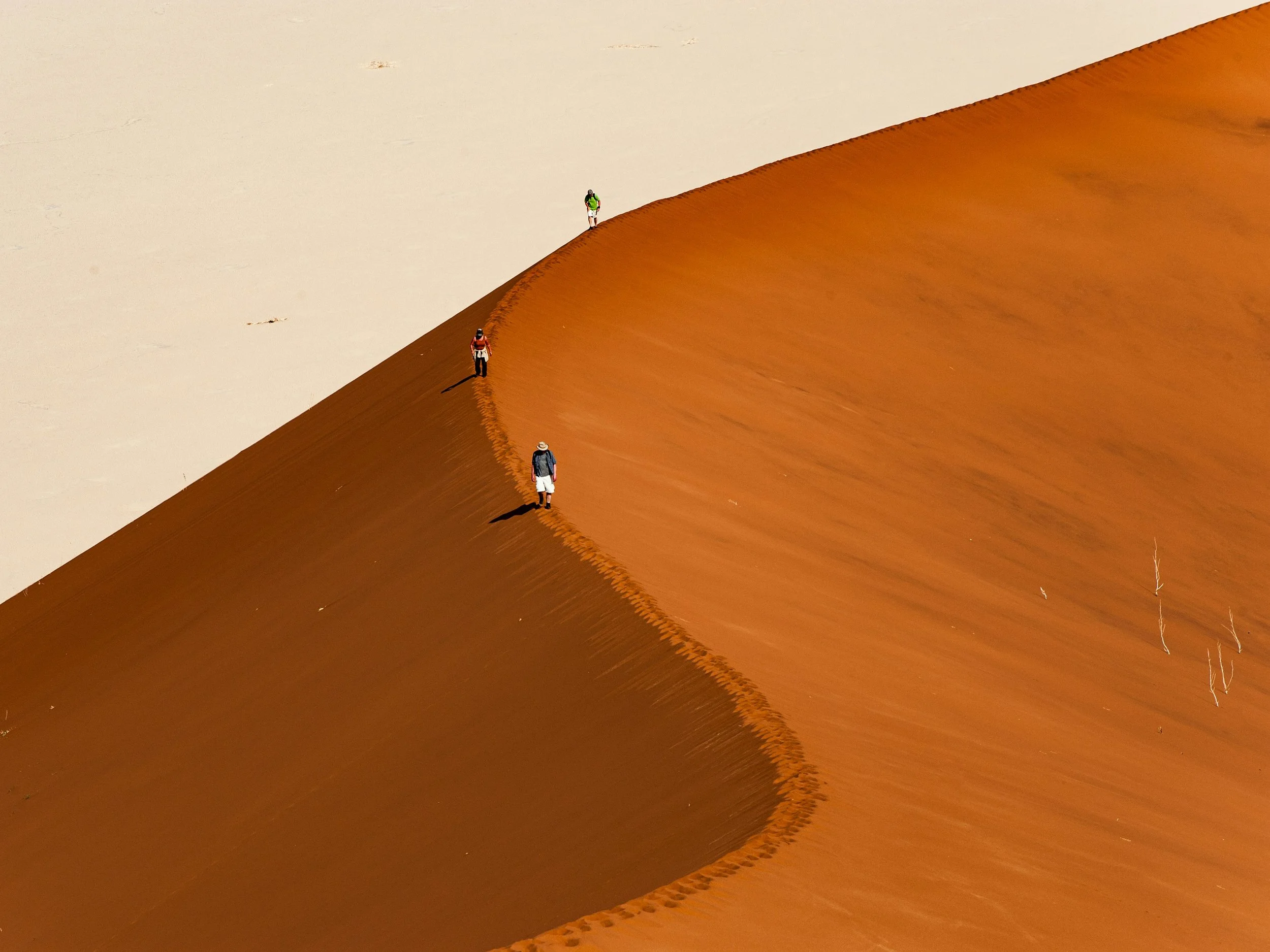 Four people walking across a large sand dune, with the dune's steep crest dividing darker orange and lighter beige sand.