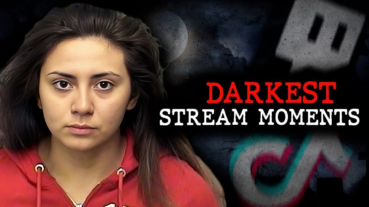 YouTube thumbnail with woman in a red hoodie and long dark hair. To her right is a title that reads "Darkest Stream Moments" and the Twitch and TikTok logos in the background.