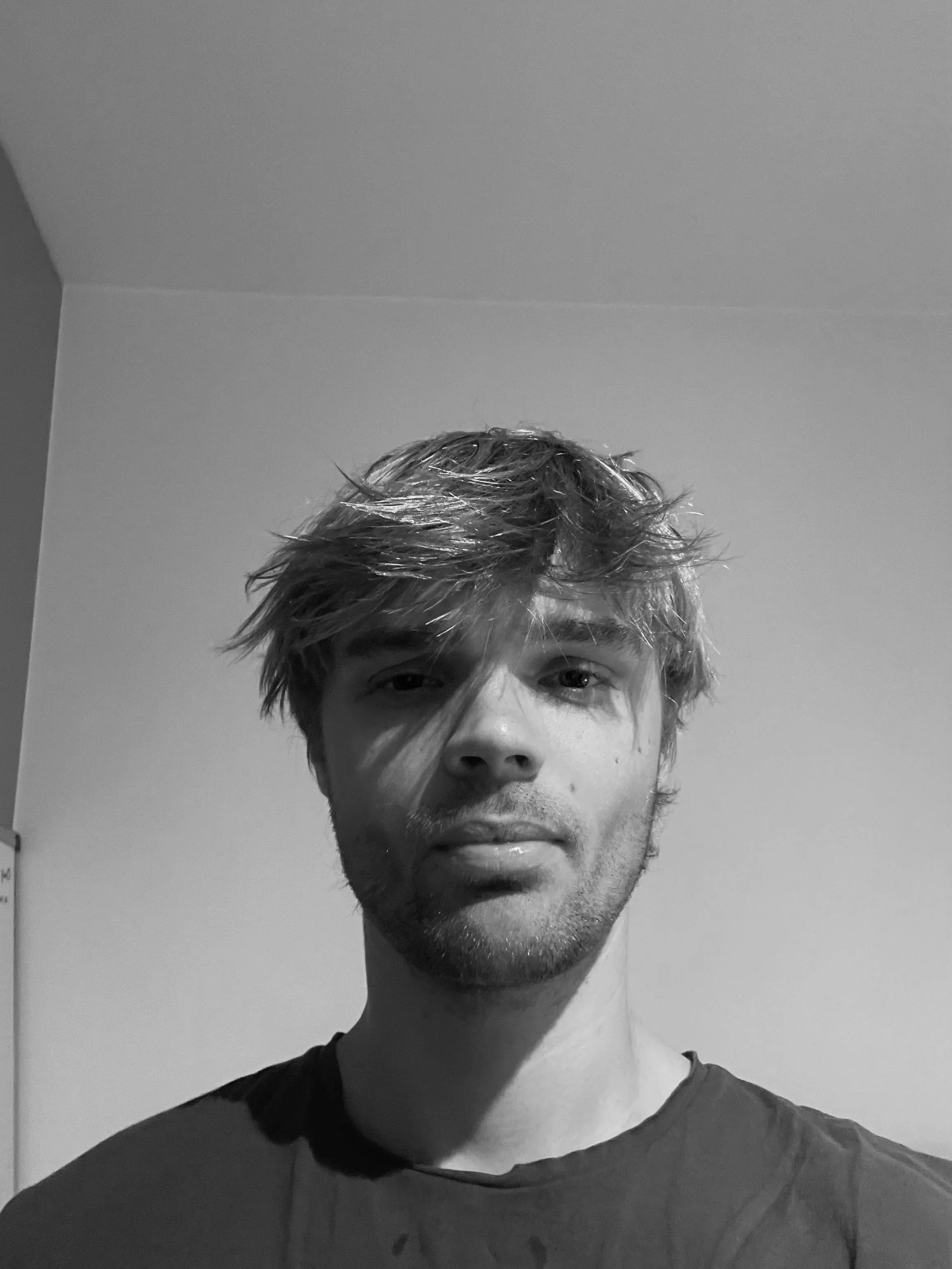 A man with dirty blonde hair and a red t-shirt.