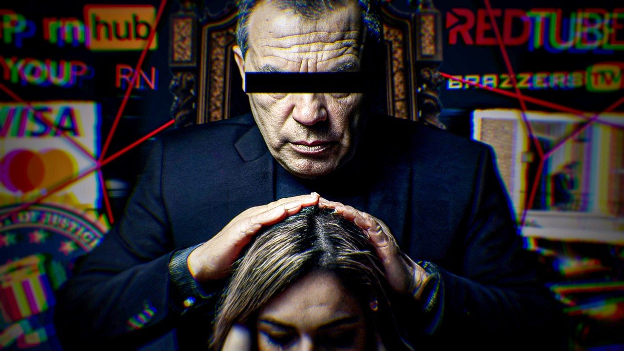 YouTube thumbnail with an old man in a black suit with his eyes covered by a black box placing his hands on a woman's head. There are porn site logos in the background.