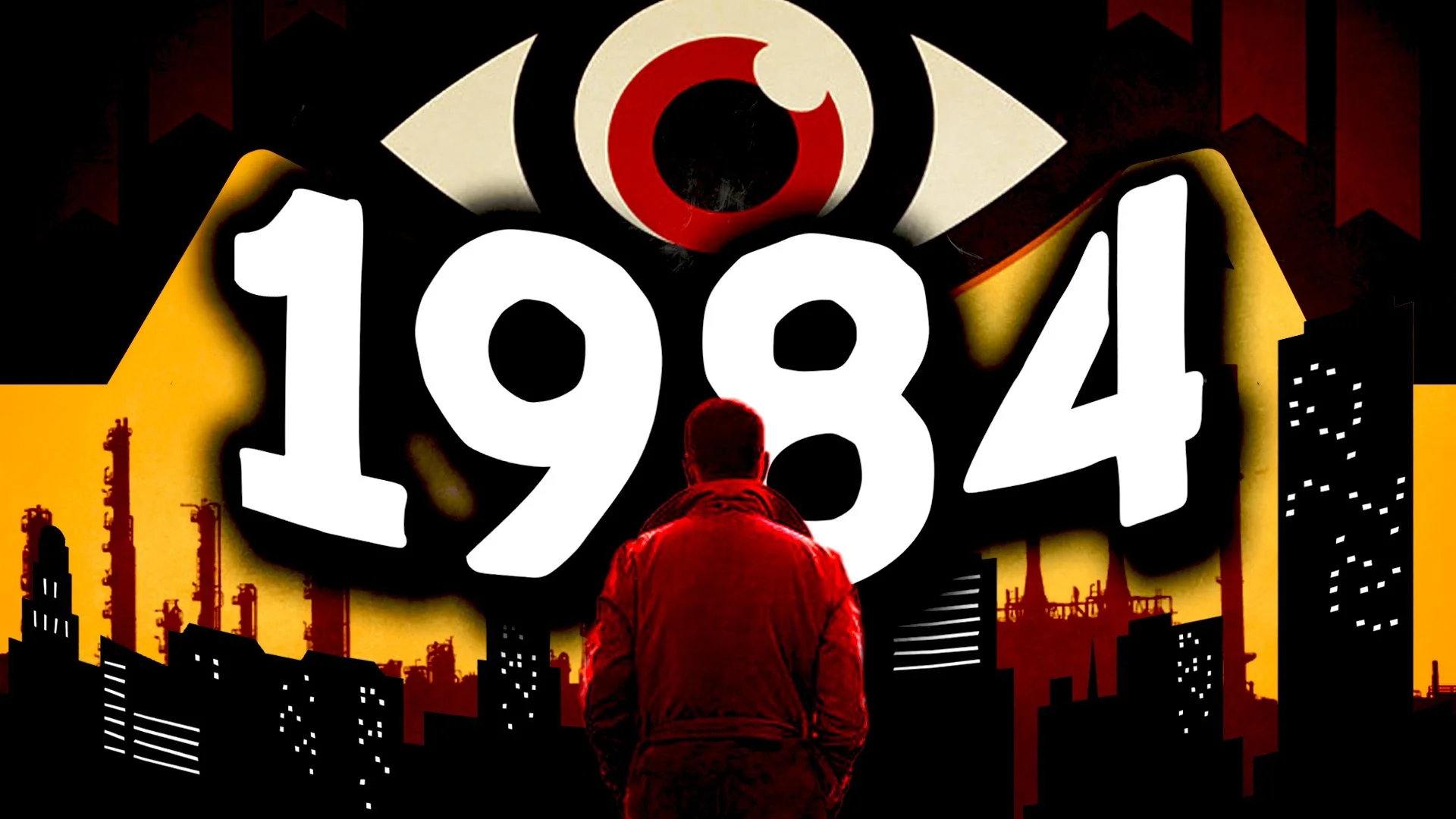 YouTube thumbnail with a man facing a giant “1984” title under a large watching eye.