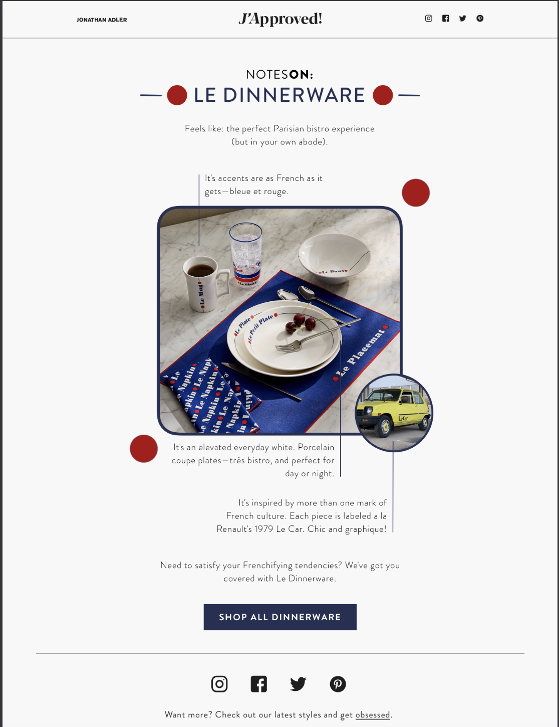 A webpage promoting Le Dinnerware, featuring Parisian bistro-inspired porcelain plates, a cup of coffee, a glass of water, and cherries on a blue platter, with a miniature yellow Le Car vehicle.