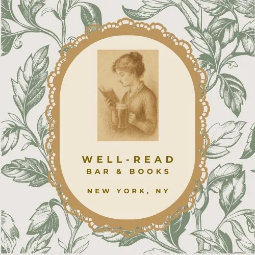 Vintage illustration of a woman reading a book at Well-Read Bar & Books in New York, NY, surrounded by a floral pattern.