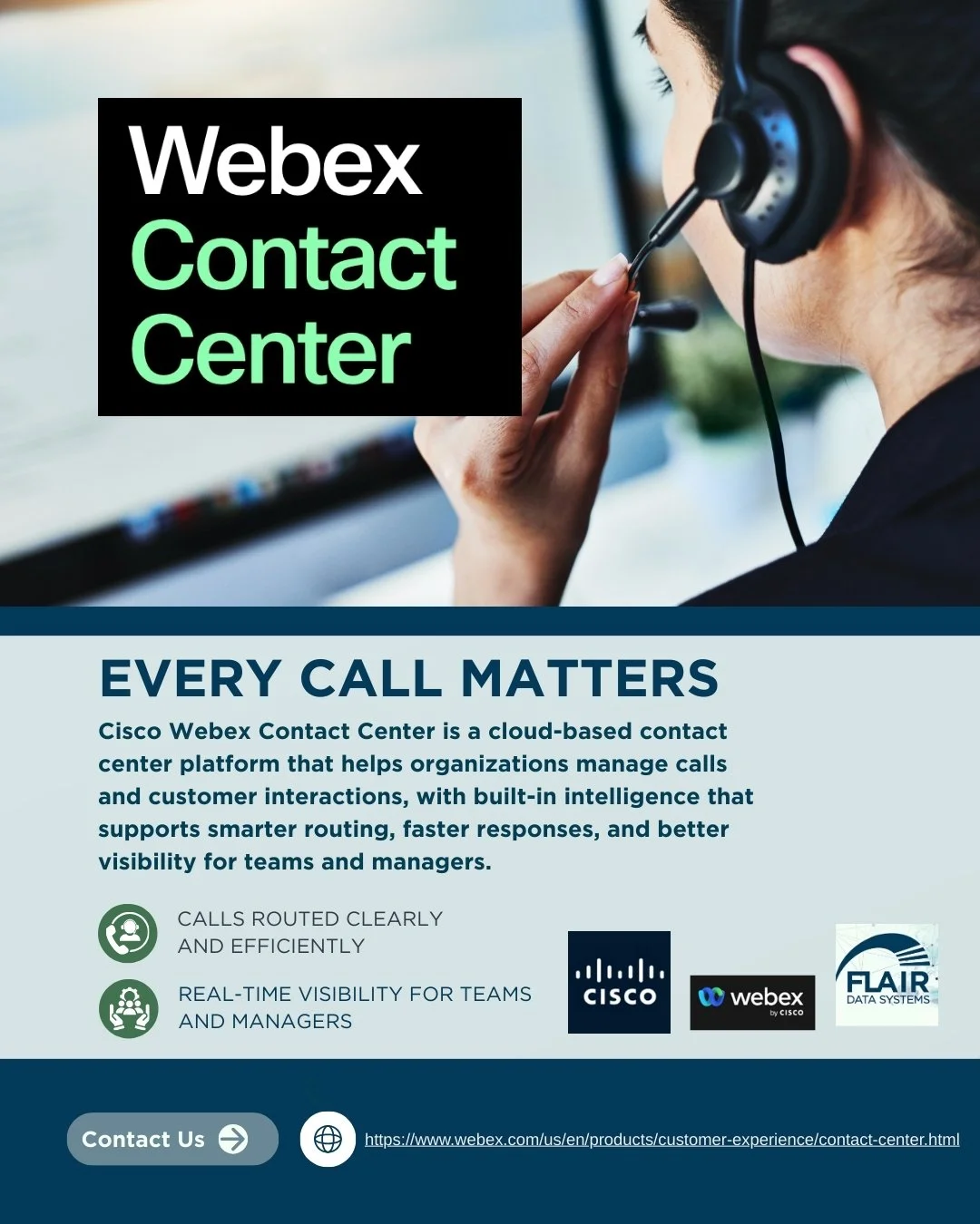 A woman wearing a headset looking at a computer screen, with a black and green text overlay that says 'Webex Contact Center'. Below, a section explains Cisco Webex Contact Center as a cloud-based platform for managing calls and customer interactions,