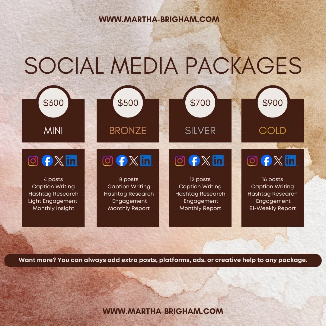Pricing chart for social media packages by Martha Brigham, including Mini, Bronze, Silver, and Gold options with details on social media platforms, number of posts, and services offered.