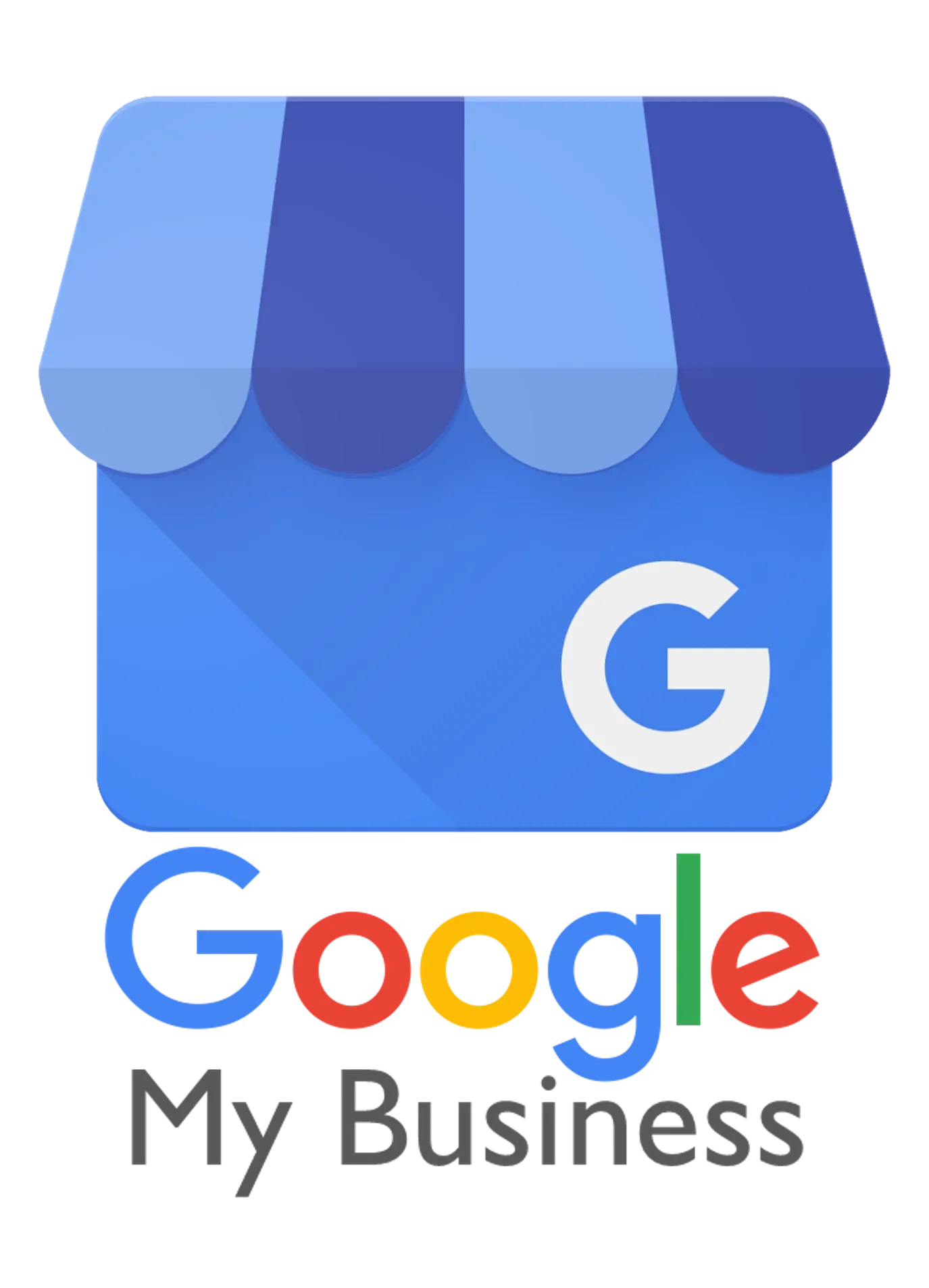 Google My Business logo with a blue box and a storefront awning, featuring the Google G and the text 'Google My Business' below.