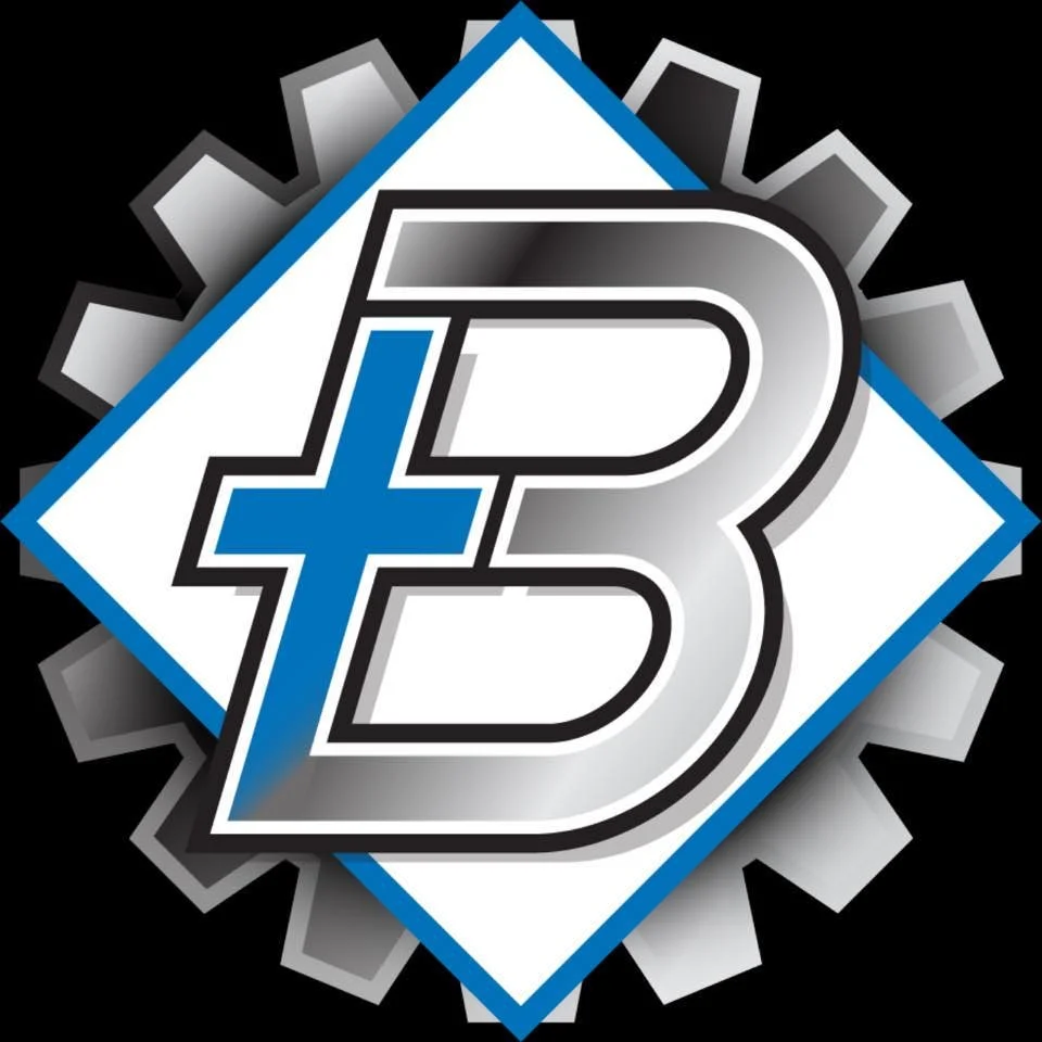 Graphic logo with a large letter B and a plus sign, surrounded by a gear-like design on a black background.