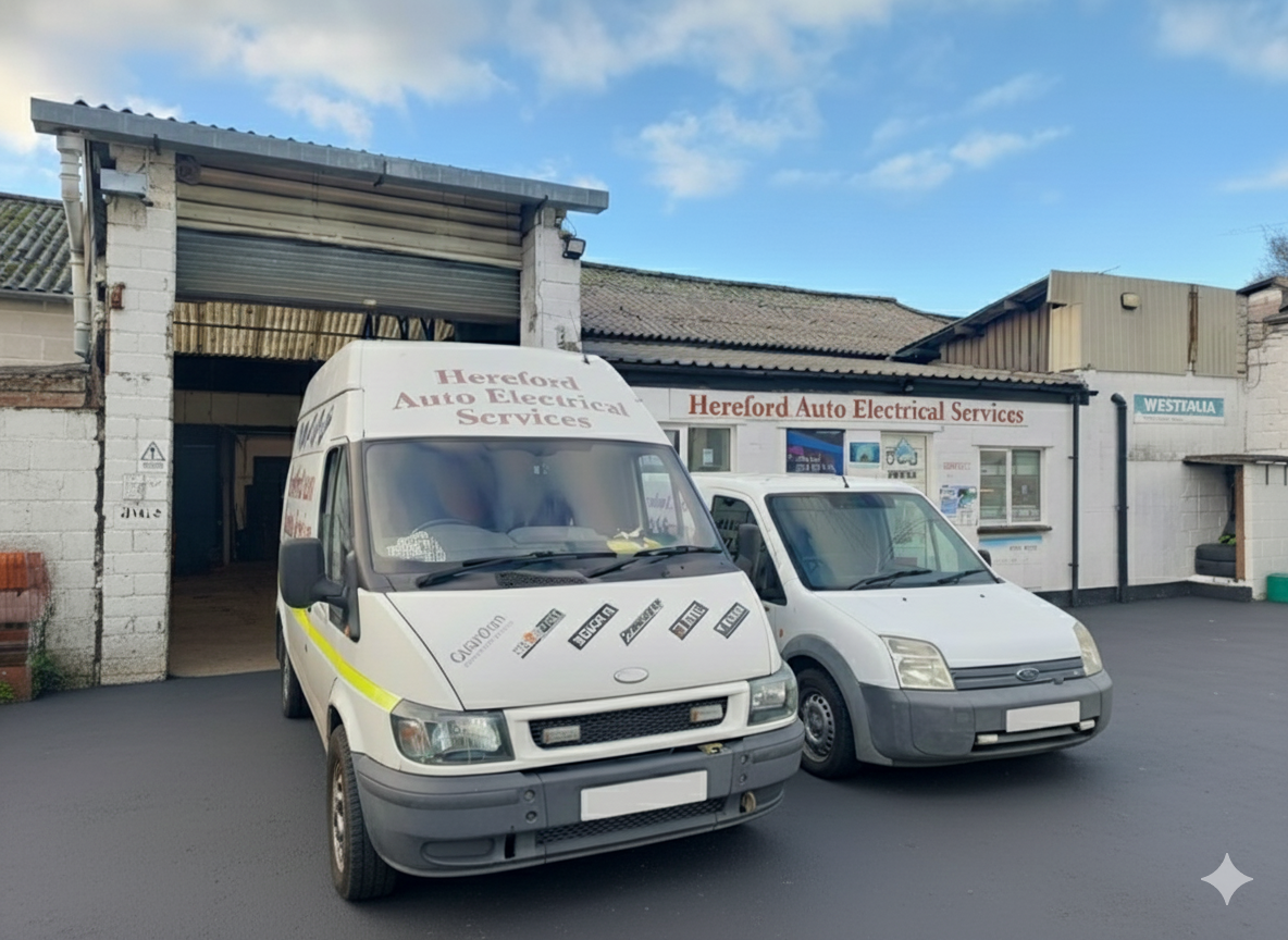 A white van with 'Hereford Auto Electrical Services' written on the windshield parked next to a smaller white car outside of an auto electrical service shop called 'Hereford Auto Electrical Services'.