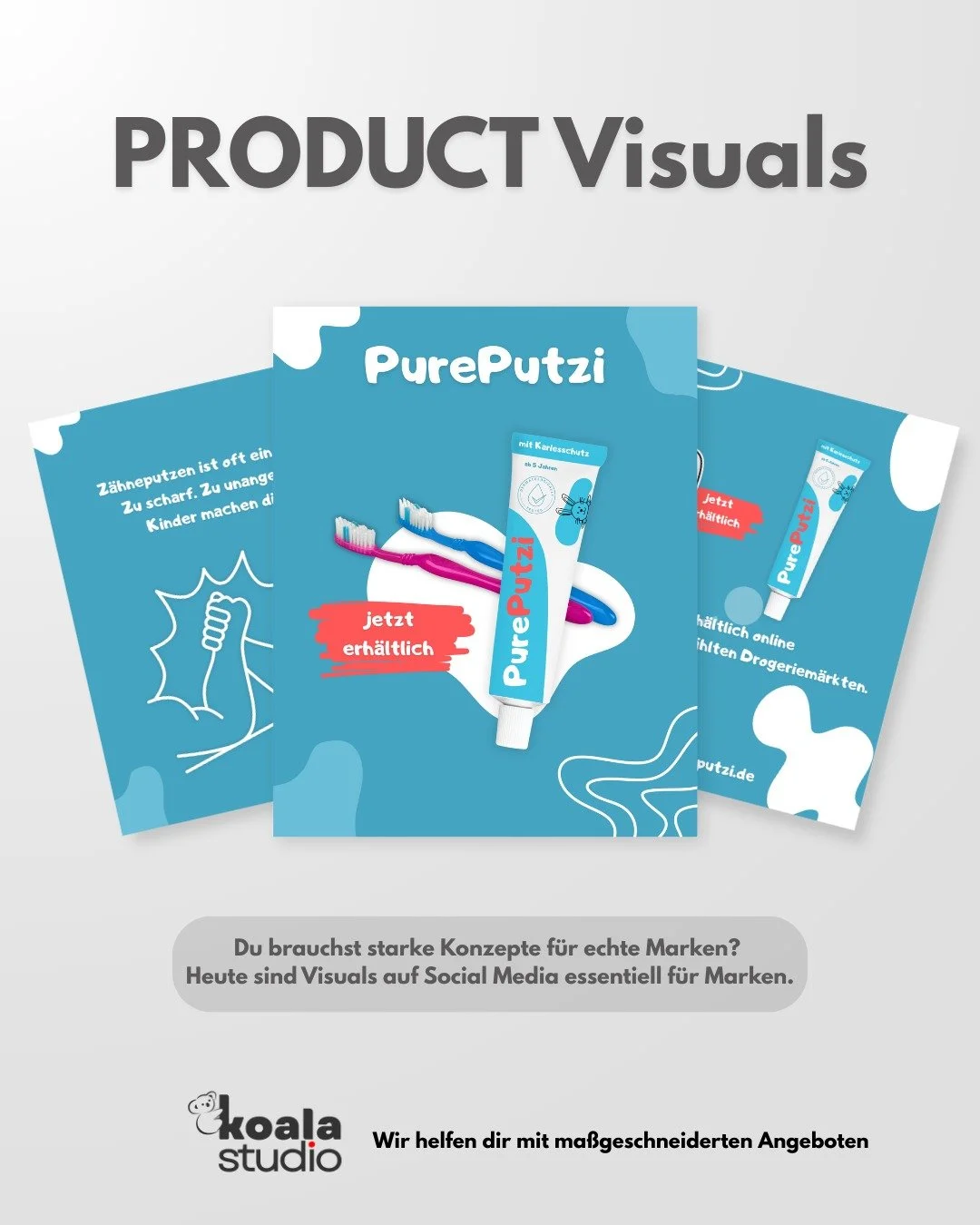 Was w&auml;re, wenn Zahnpflege bei Kindern Spa&szlig; macht? ✨

PurePutzi ist eine fiktive Marke
zur Visualisierung von Brand Design M&ouml;glichkeiten.

Du brauchst starke Konzepte f&uuml;r echte Marken? Heute sind Visuals auf Social Media essentiel