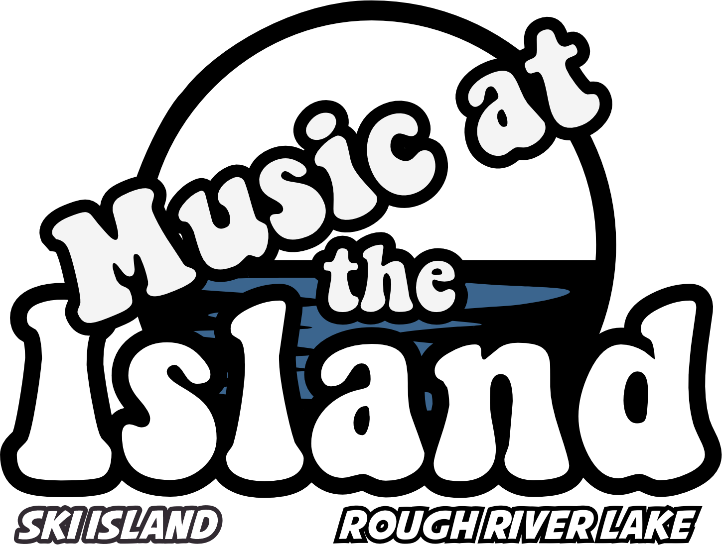 Logo for 'Music at the Island' with illustrations of a mountain and a lake, mentioning SKI ISLAND and ROUH RIVER LAKE.