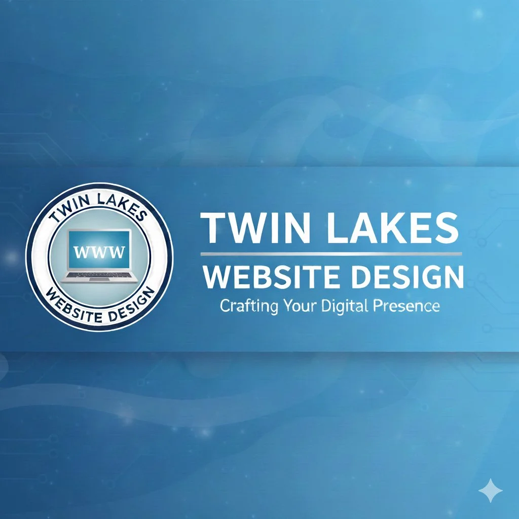 Twin Lakes Website Design logo with a laptop icon and the phrase "Crafting Your Digital Presence" on a blue background.