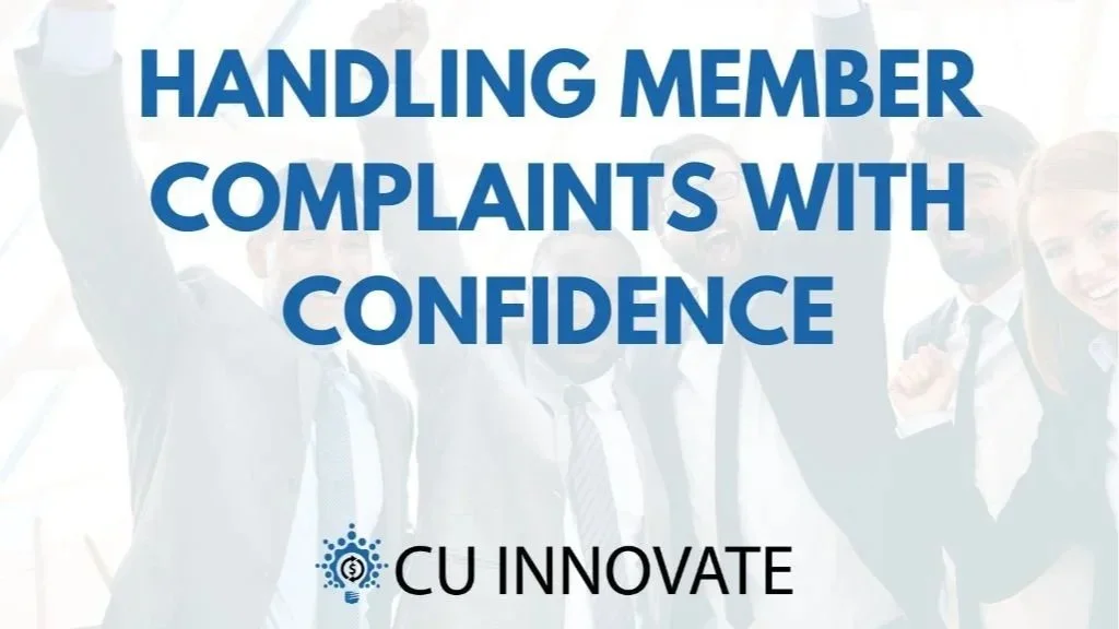Group of businesspeople celebrating with raised fists, overlaid with text 'Handling Member Complaints with Confidence' and 'CU Innovate' logo.
