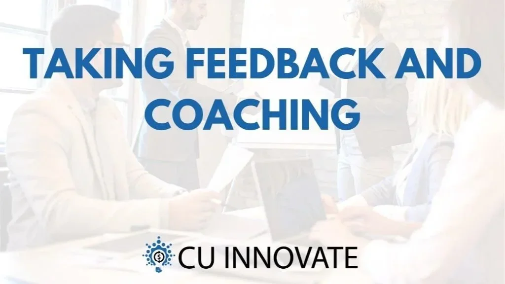 Workshop or training session on feedback and coaching with people sitting at a table and a presenter in the background, overlaid with the text "Taking Feedback and Coaching" and the logo "CU Innovate".