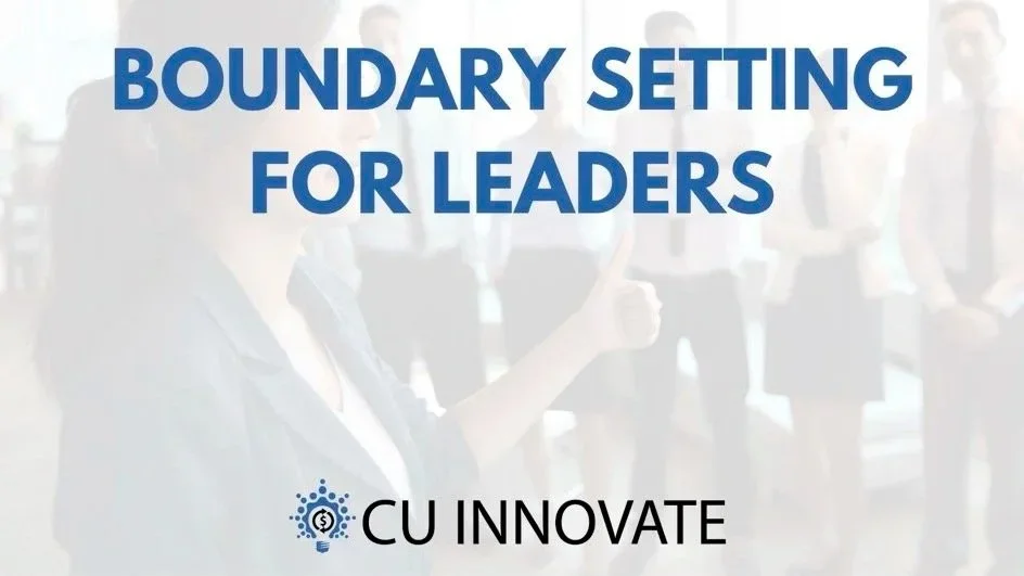 A woman in a business suit giving a thumbs up with a group of people in the background. Text overlay reads 'Boundary Setting for Leaders' with the CU Innovate logo.