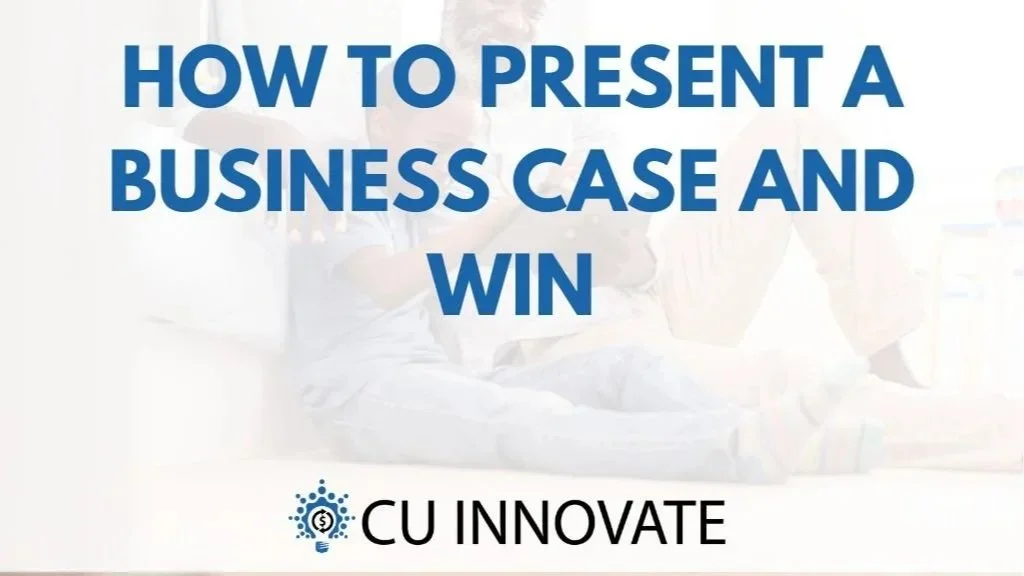 Text on screen reads: "How to Present a Business Case and Win" with a logo and text below that says "CU Innovate." Background shows people in a discussion in an office setting.