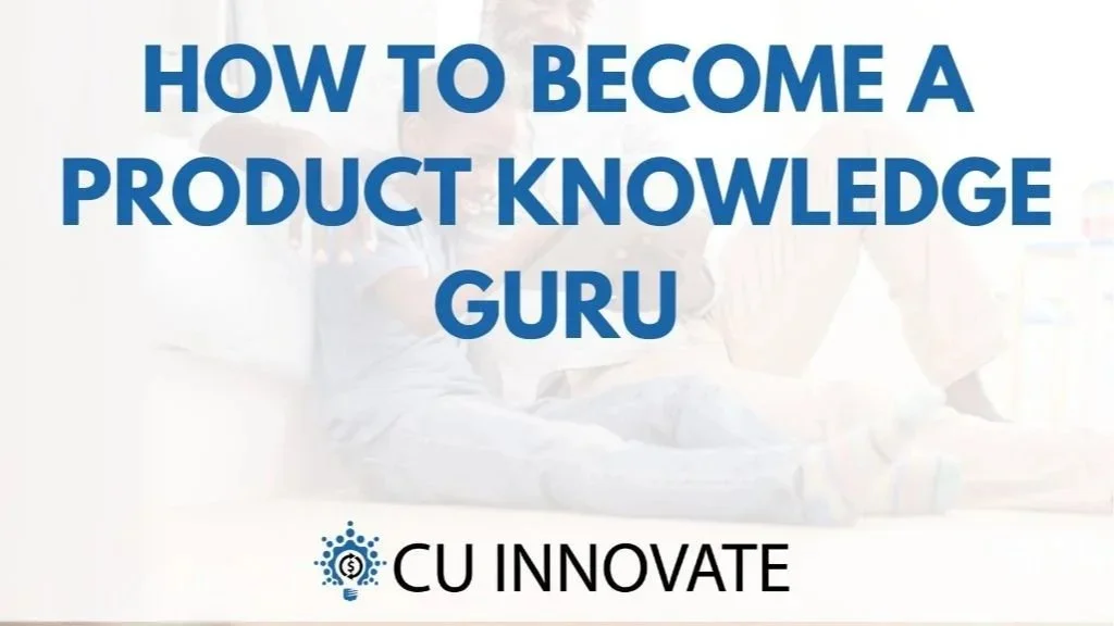 Text overlay on a blurred background of people working at a desk. The text reads 'How to Become a Product Knowledge Guru' and 'CU Innovate' with a logo of a lightbulb and network connections.
