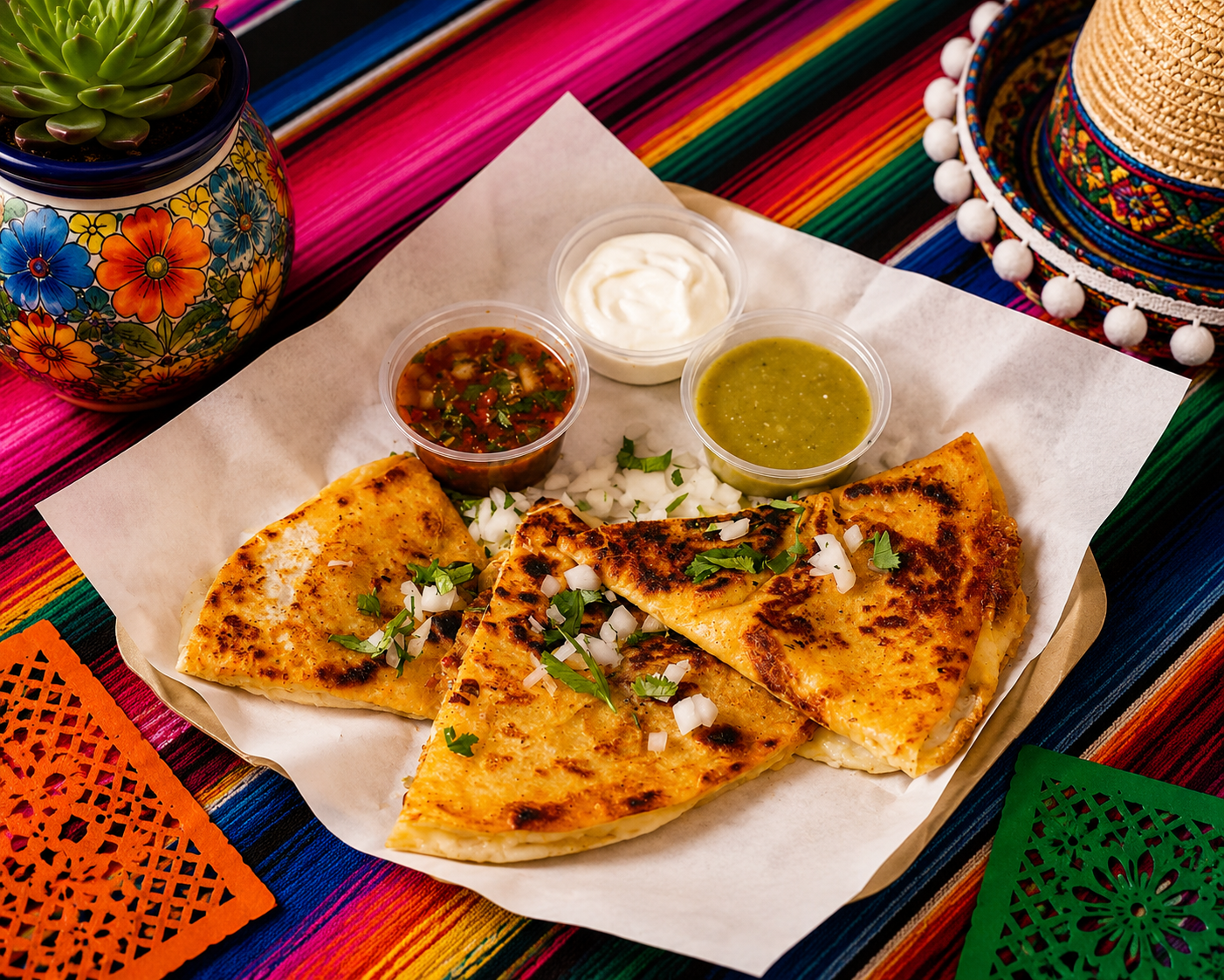 Plate of a grilled meat quesadilla garnished with chopped onions and cilantro, served with sides of sour cream, salsa, and green sauce.