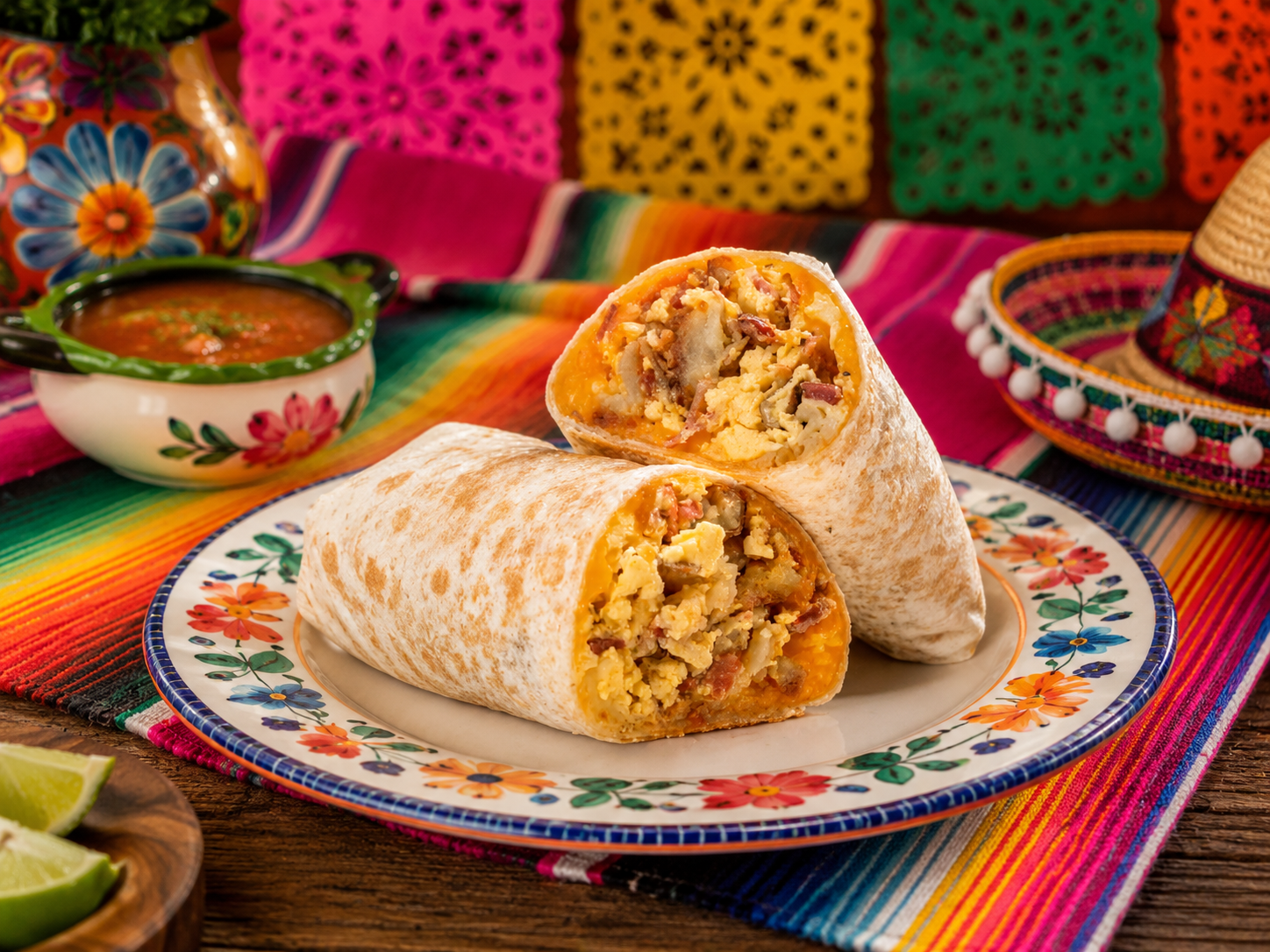 A plate with a Mexican breakfast burrito filled with scrambled eggs, potatoes, bacon, and cheese, with housemade red salsa.